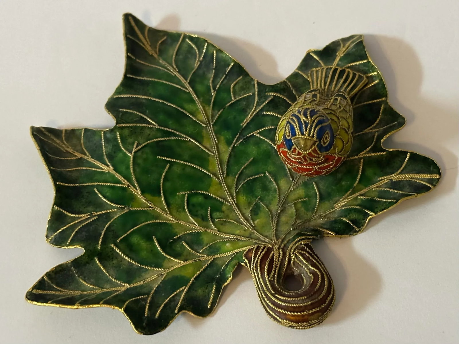 Vintage 1900s Cloisonne Enamel Bird on Leaf Shaped Decorative Dish - 3