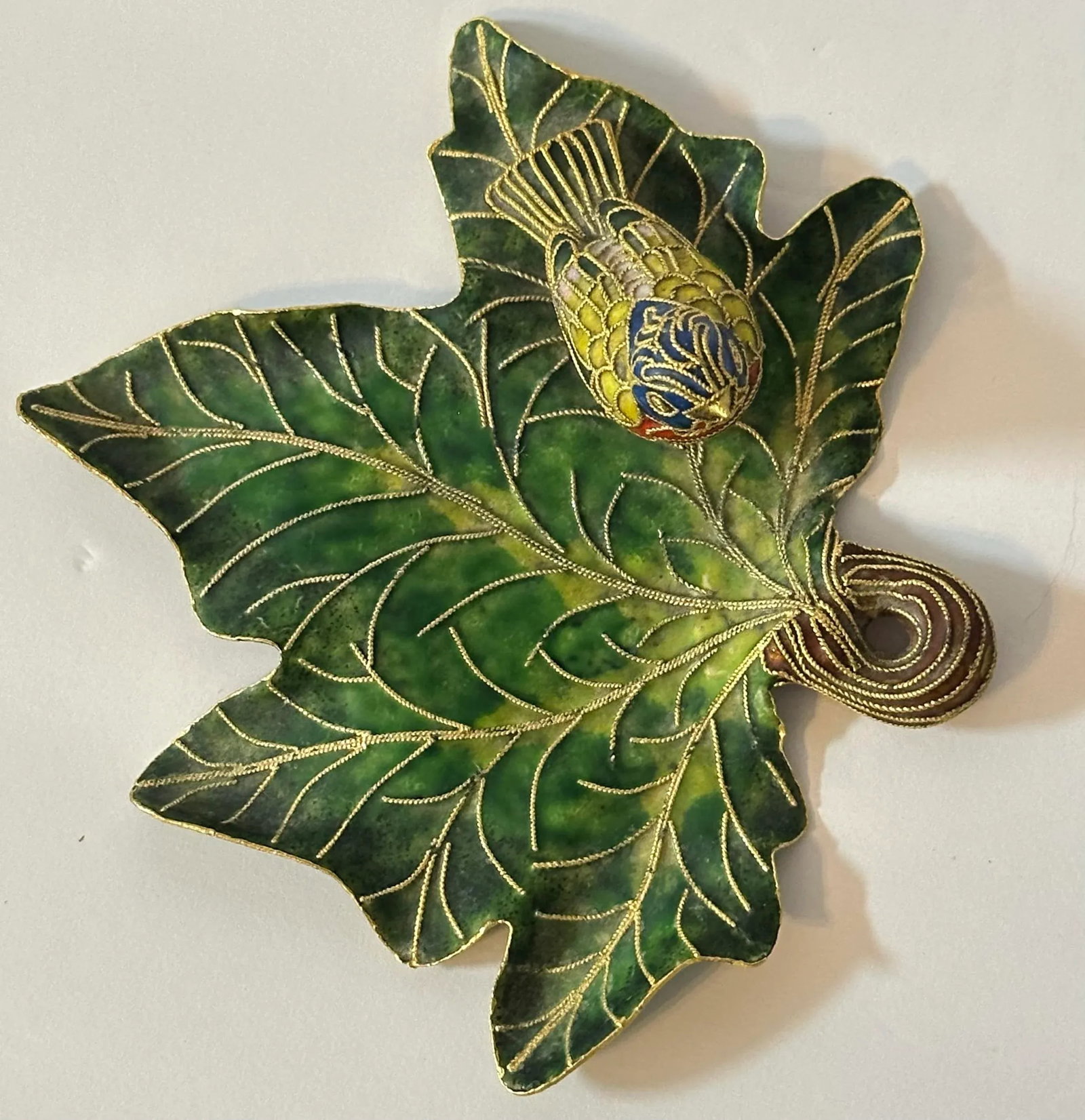 Vintage 1900s Cloisonne Enamel Bird on Leaf Shaped Decorative Dish - 4