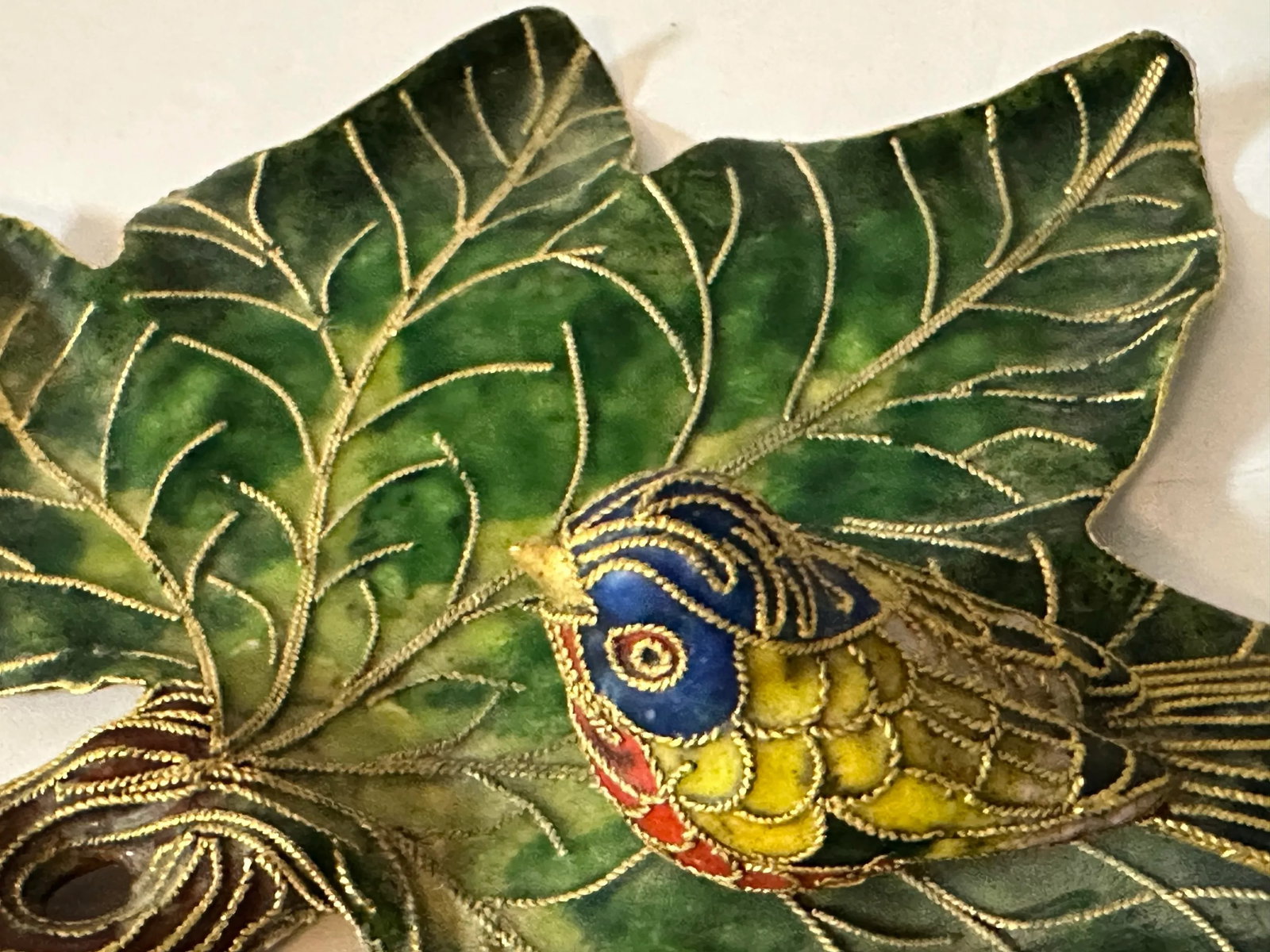 Vintage 1900s Cloisonne Enamel Bird on Leaf Shaped Decorative Dish - 6