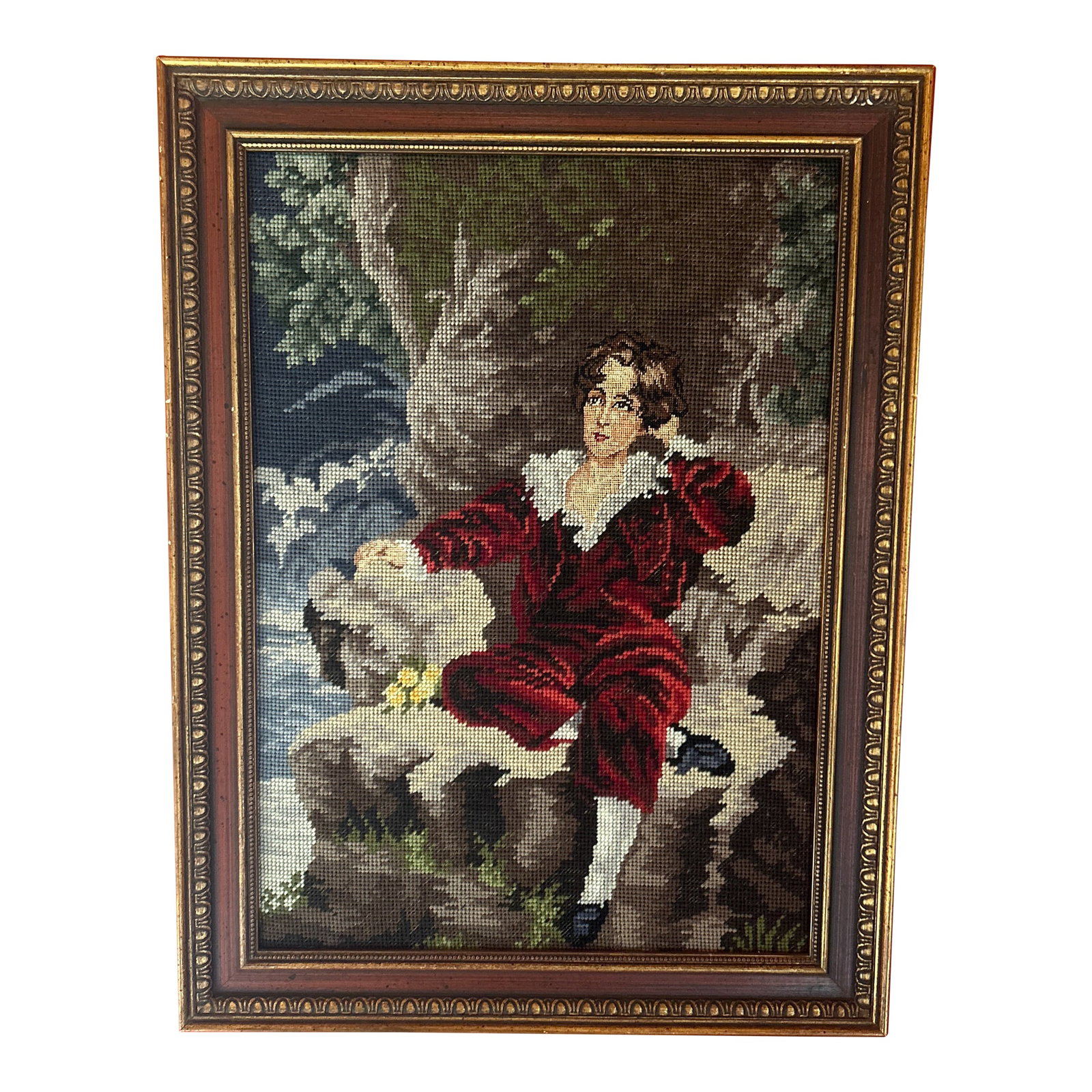 Vintage Needlepoint of Sir Thomas Lawrence Painting, the Red Boy: Midcentury needlepoint of Sir Thomas Lawrence's 1825 Painting, The Red Boy. Beautifully done and in excellent condition. The face, hair and hands are done in petit point. Signed on the back, a Christm