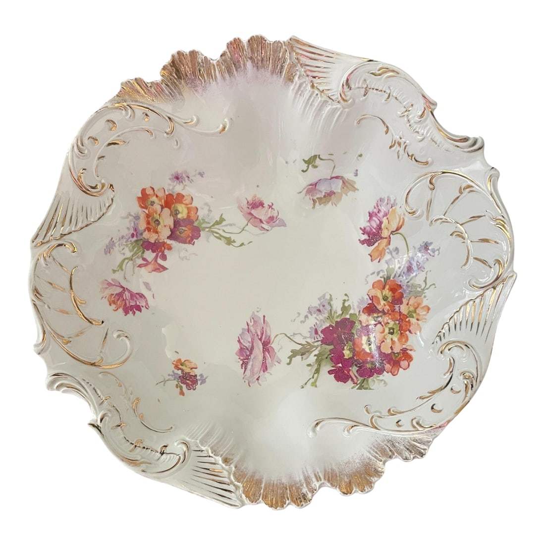Antique German Porcelain China White/Floral Gold Scalloped Edge Serving Bowl: Beautiful antique porcelain serving bowl made in Germany with floral pattern in yellow, pinks and purple and gold scalloped edges. Flowers are likely hand painted. Mark is JPF which is from the Jlmena