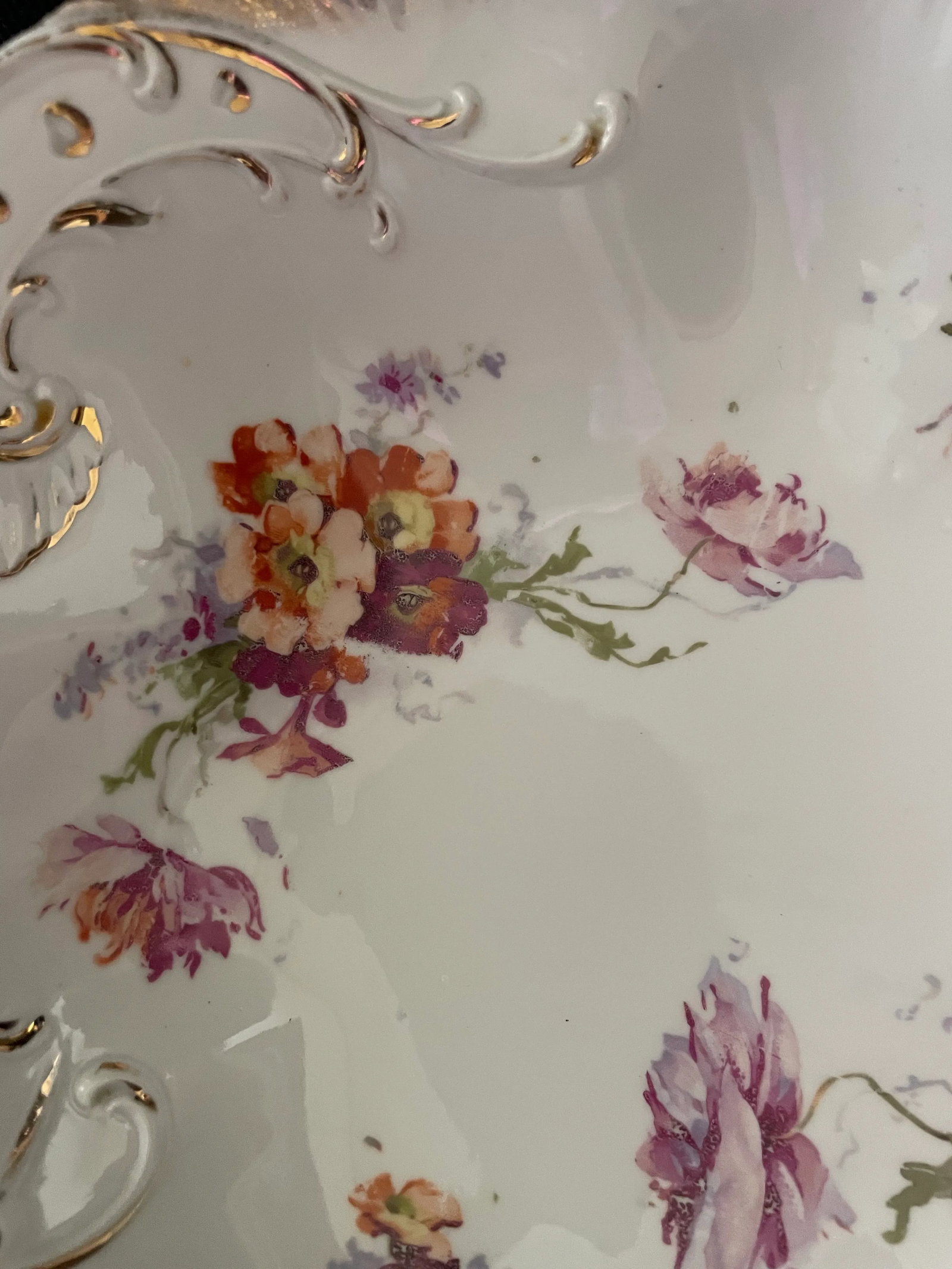 Antique German Porcelain China White/Floral Gold Scalloped Edge Serving Bowl - 4