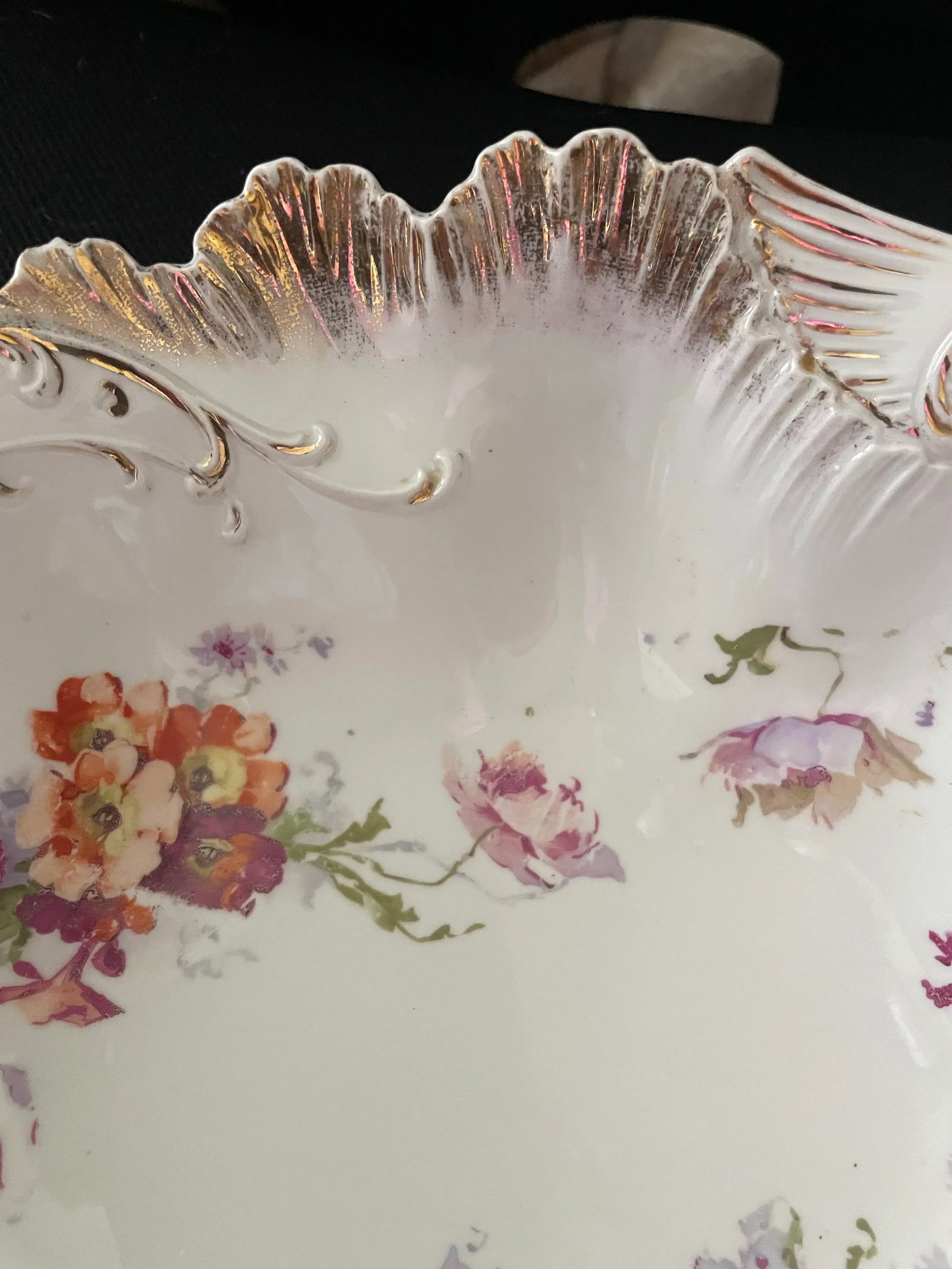 Antique German Porcelain China White/Floral Gold Scalloped Edge Serving Bowl - 5