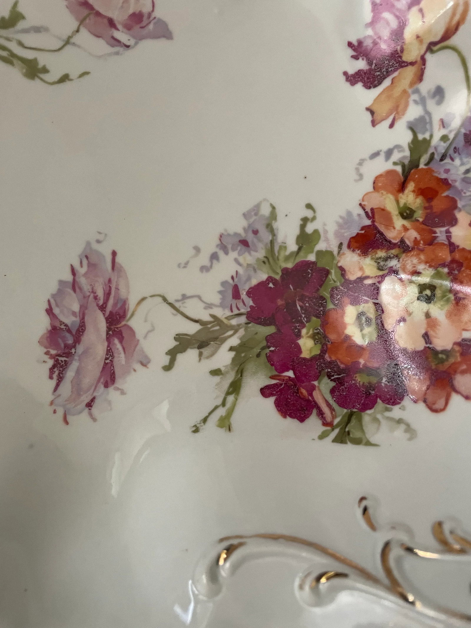Antique German Porcelain China White/Floral Gold Scalloped Edge Serving Bowl - 6