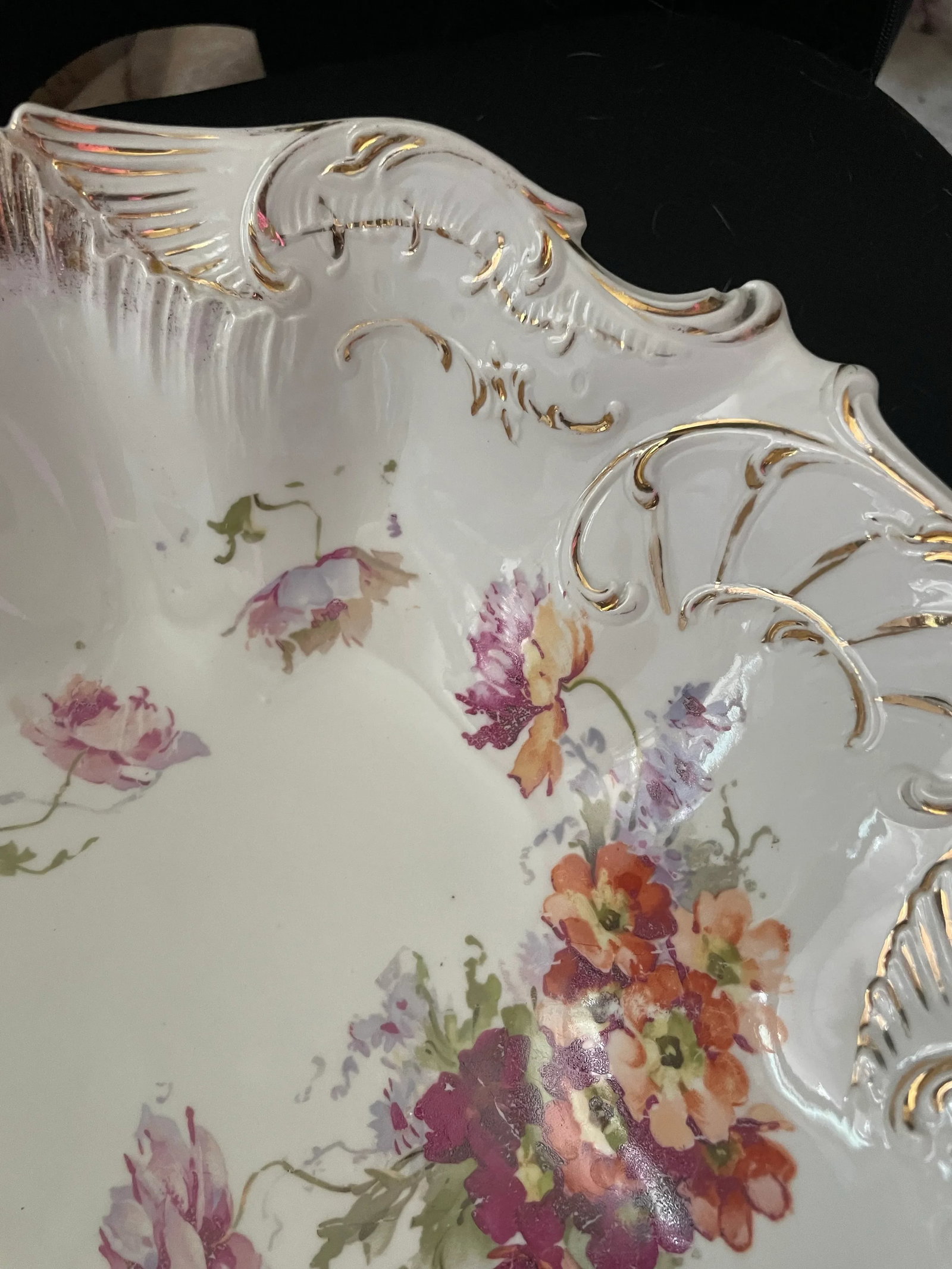 Antique German Porcelain China White/Floral Gold Scalloped Edge Serving Bowl - 7