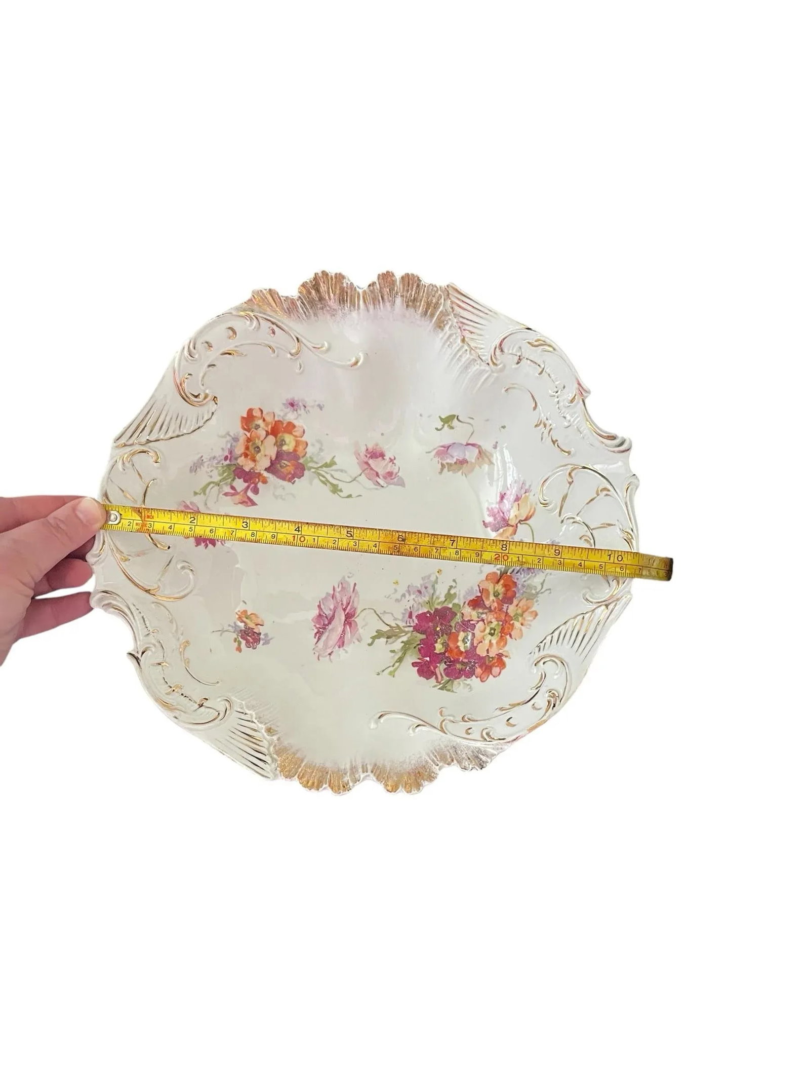 Antique German Porcelain China White/Floral Gold Scalloped Edge Serving Bowl - 9