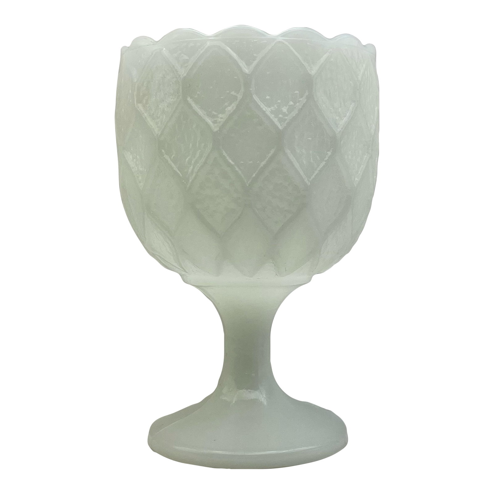 Mid 20th Century Latticework Milk Glass Footed Bowl: A classic mid 20th century decorative piece which would be ideal for small plants, sweets or a really big drink. Ships within 1-2 days using USPS. All items packed with care. Please contact us with