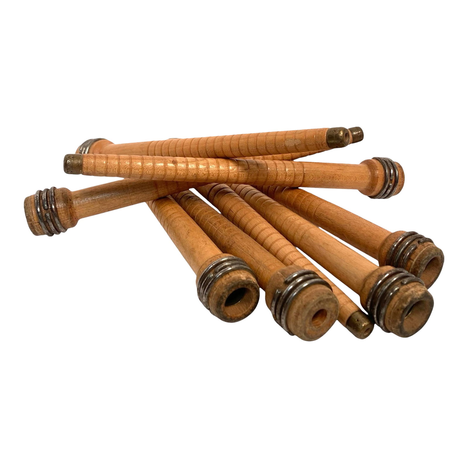 Vintage Wood Brass Tip Industrial Textile Quills Set of 8: This set of eight vintage industrial textile quills measures 8.75 inches long, each fitted with a brass tip. Once factory-used in textile production, they carry authentic wear from their working