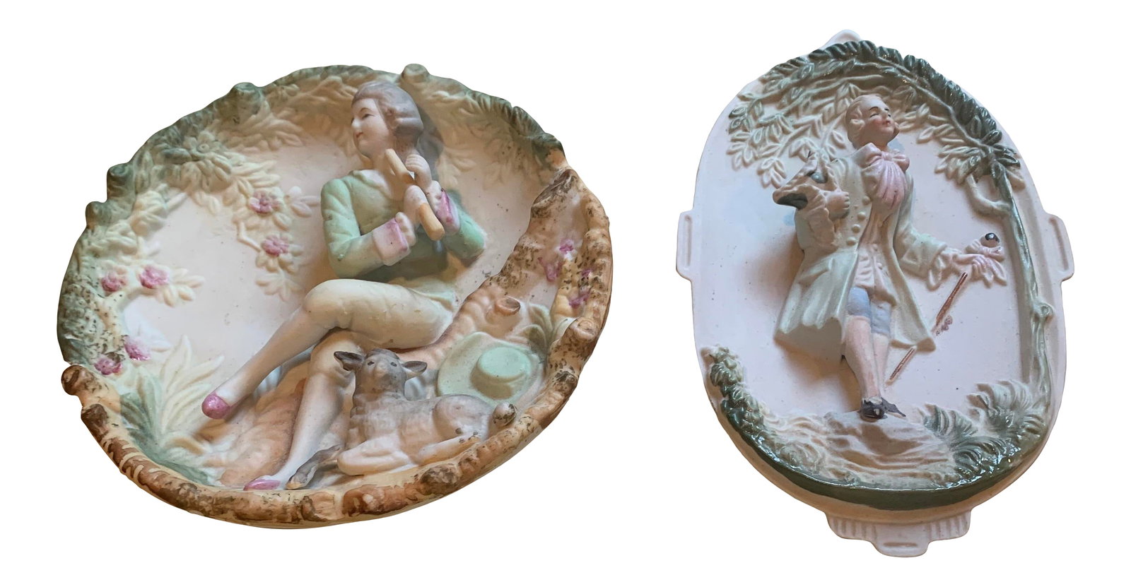 Mid 20th Century Victorian China Wall Figures - a Pair: Set of 2 depictions of Victorian-era figures. One was made in "occupied Japan" between 1945-1952. Other is also made in Japan but date is unknown. Condition: Alterations: Original Condition Unaltered