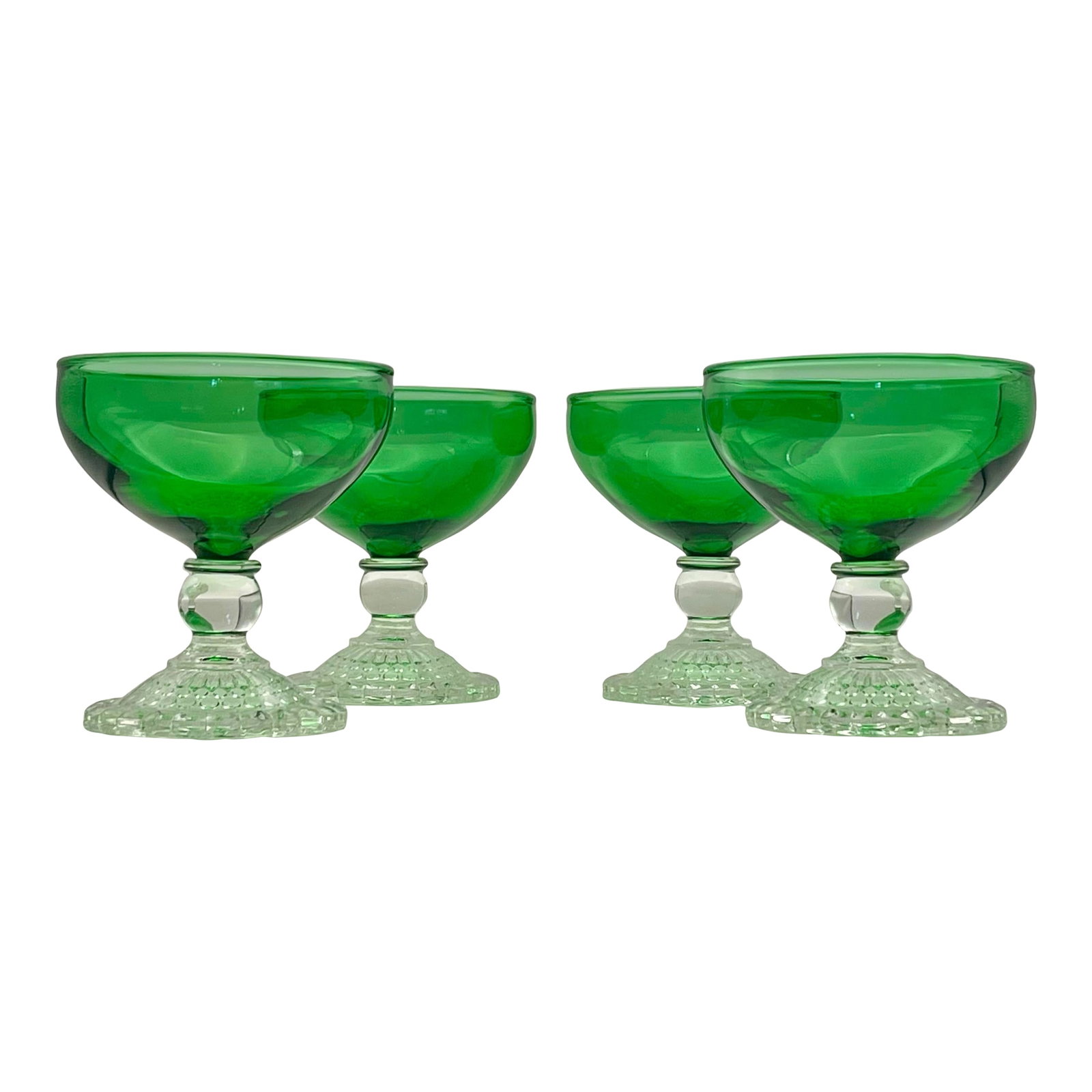 1950's Anchor Hocking Forest Green Champagne/ Sherbet Glasses- Set of 4: A set of four pressed glass champagne glasses with a vibrant green bowl and a crystal clear geometric foot. Ships within 1-2 days using USPS. Arrives within 2-5 business days after receiving tracking 