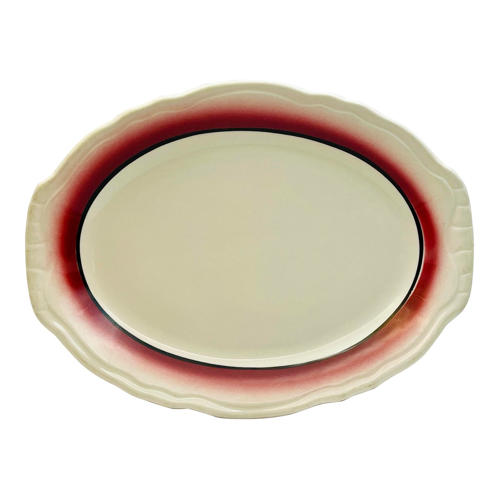 1940s Homer Laughlin Faded Rose Border Small Platter: A simple platter with a raised decoration around the edges and a band of color radiating outwards. Ships within 1-2 days using USPS. All items packed with care. Please contact us with any questions. A