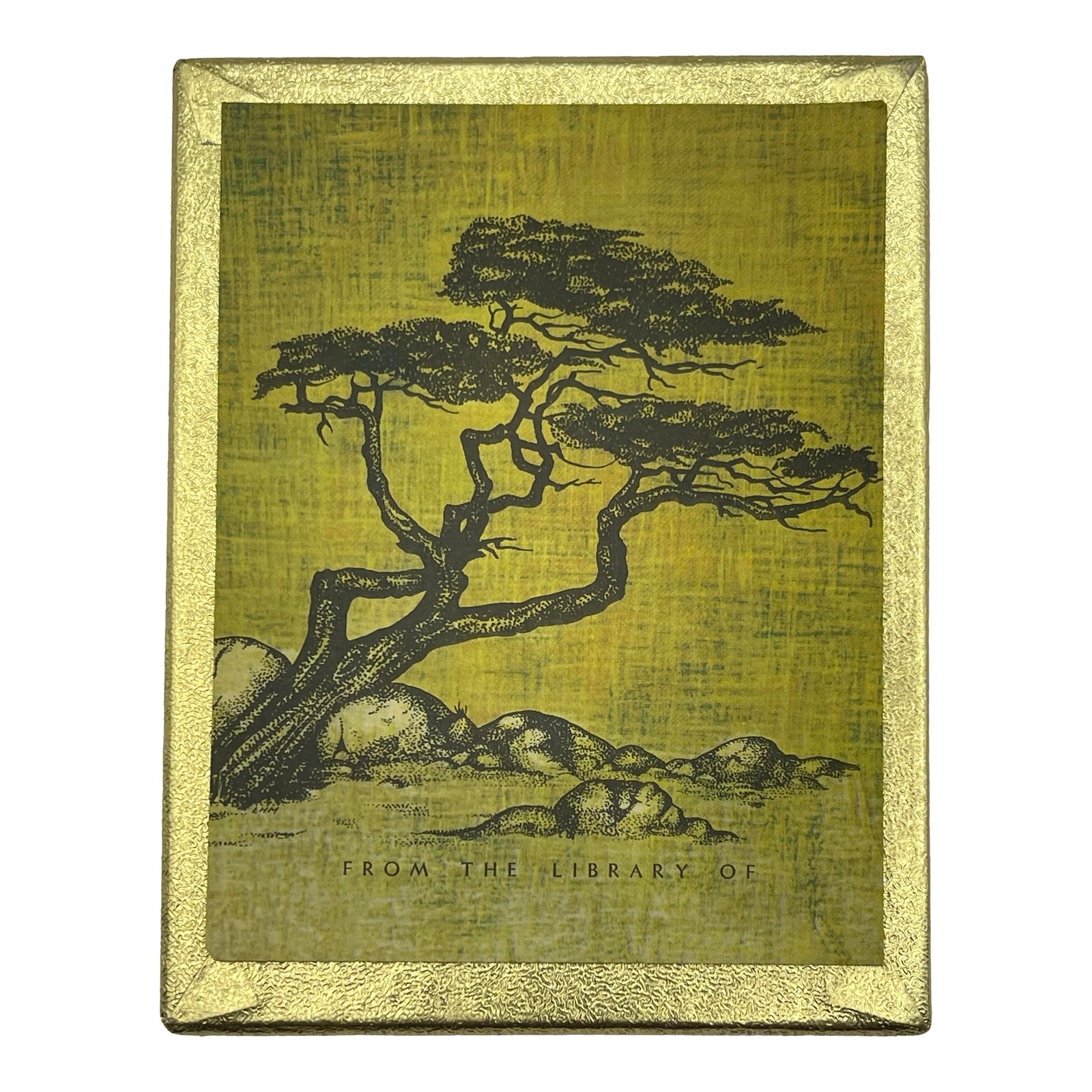 Vintage Seaside Tree Bookplates: An elegant set of mid 20th century bookplates featuring a print of a beautifully textured wind-blown tree amongst a grouping of rocks on a crosshatch backdrop. -Includes 25 individual bookplates.
