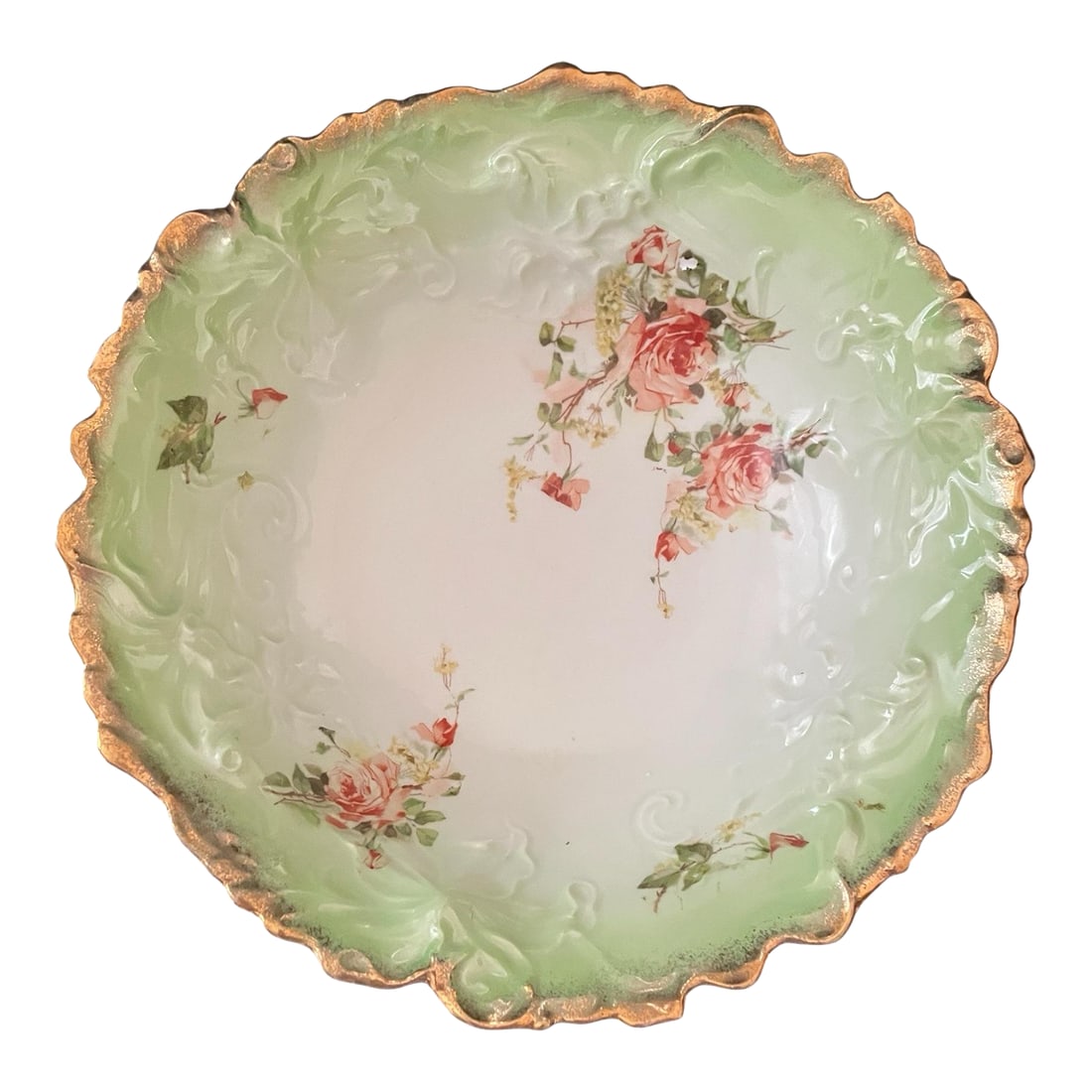 Antique China Porcelain Serving Bowl Green White Ombre Floral Leaf Mold: Beautiful piece of vintage or antique china. A serving bowl in the leaf mold style where the veins and texture of a leaf are in the bowl. The color is a lovely green to white ombre with gold scalloped