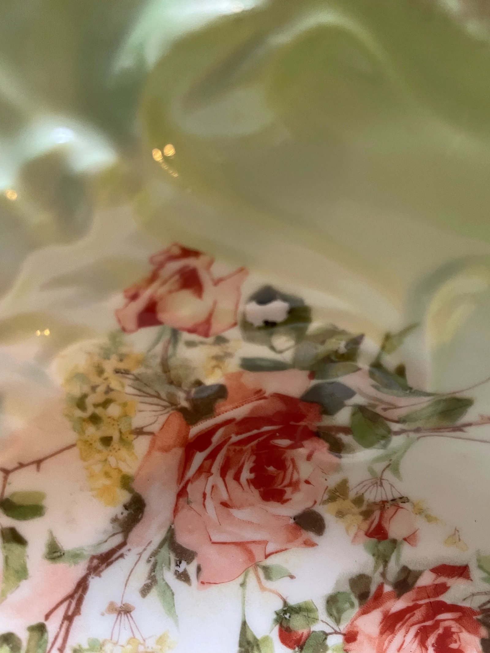 Antique China Porcelain Serving Bowl Green White Ombre Floral Leaf Mold - 6