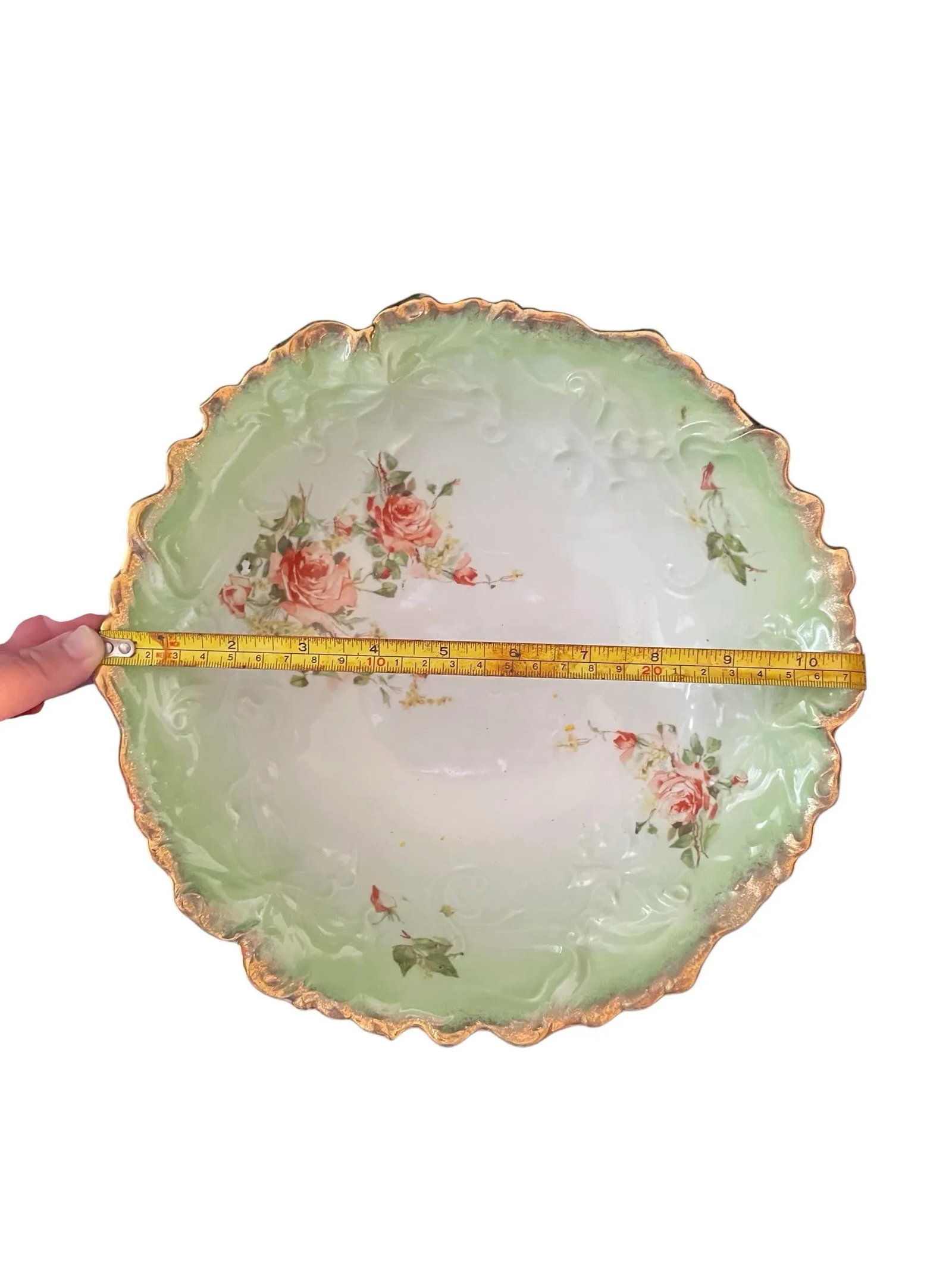 Antique China Porcelain Serving Bowl Green White Ombre Floral Leaf Mold - 7