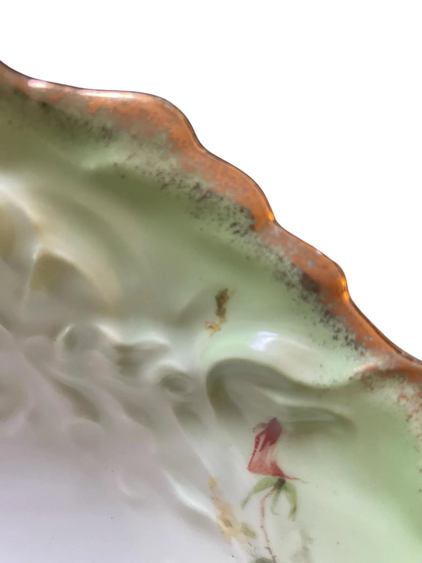 Antique China Porcelain Serving Bowl Green White Ombre Floral Leaf Mold - 8
