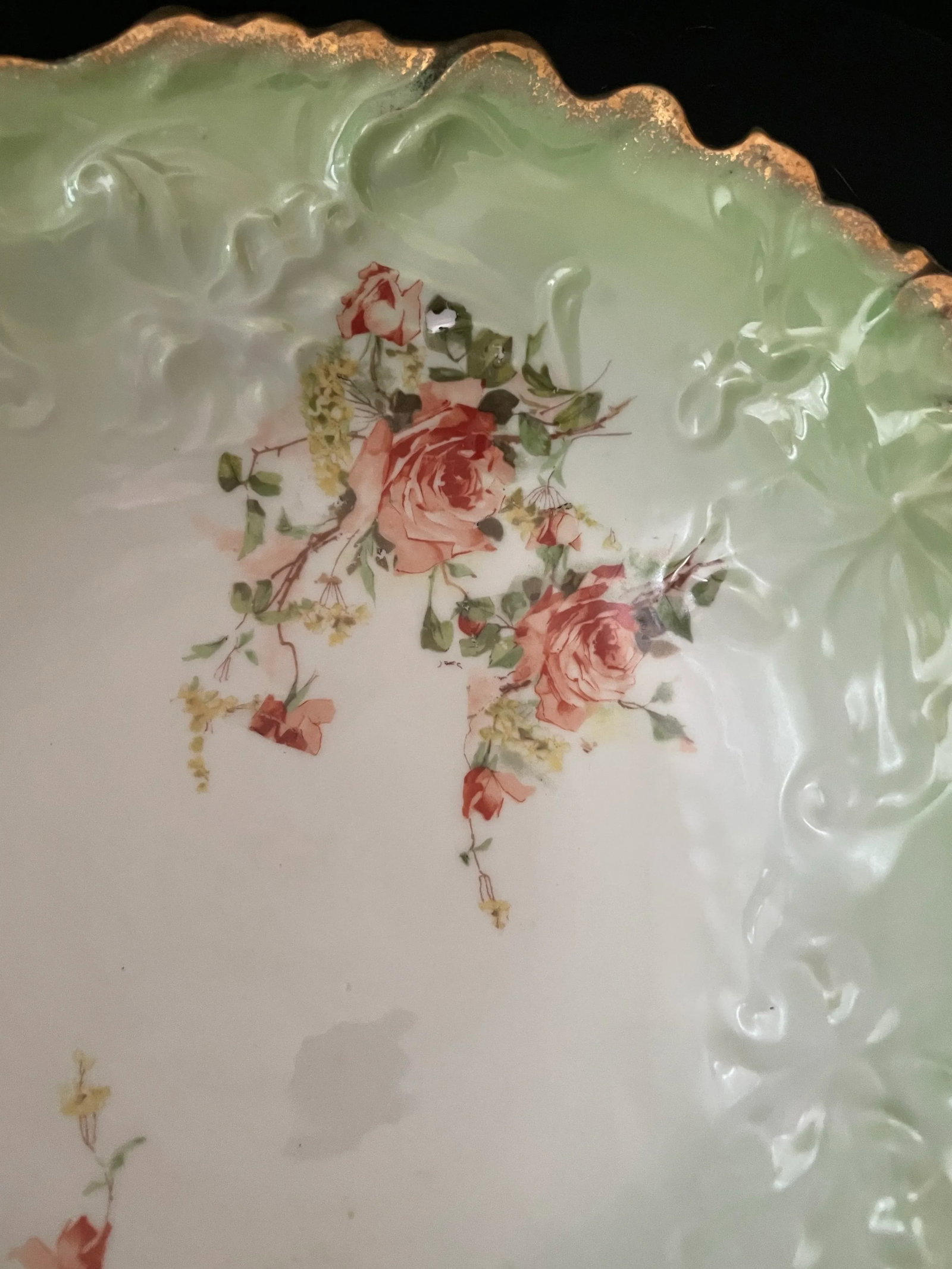 Antique China Porcelain Serving Bowl Green White Ombre Floral Leaf Mold - 9