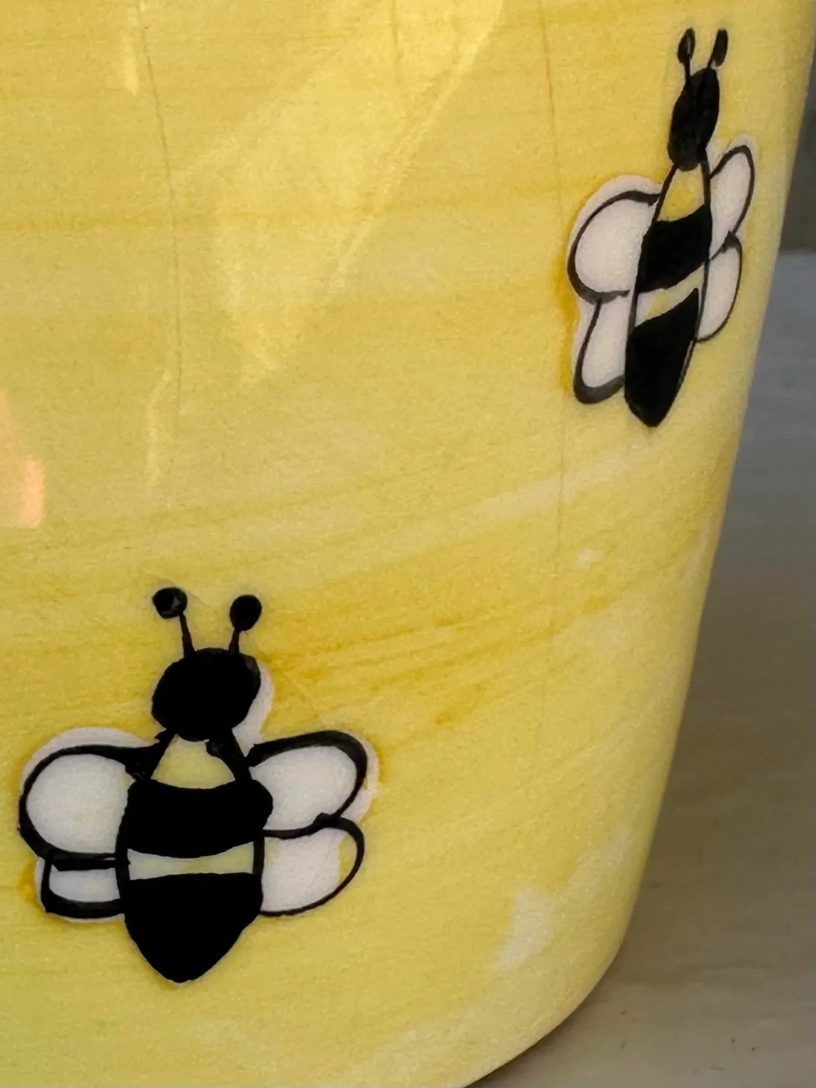 Vintage Mid 20th Century Yellow Hand Painted Bees Ceramic Flower Pot - 11