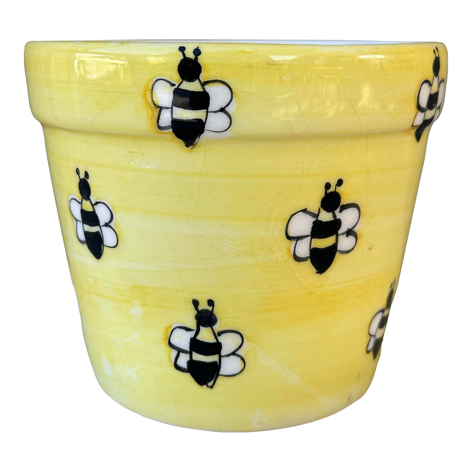 Vintage Mid 20th Century Yellow Hand Painted Bees Ceramic Flower Pot: Adorable vintage yellow flower pot with hand painted bees all over. Ceramic with the number 418 and the words WCL MADE IN CHINA stamped on the bottom. Measures 5" across x 4 1/4" tall. Condition:
