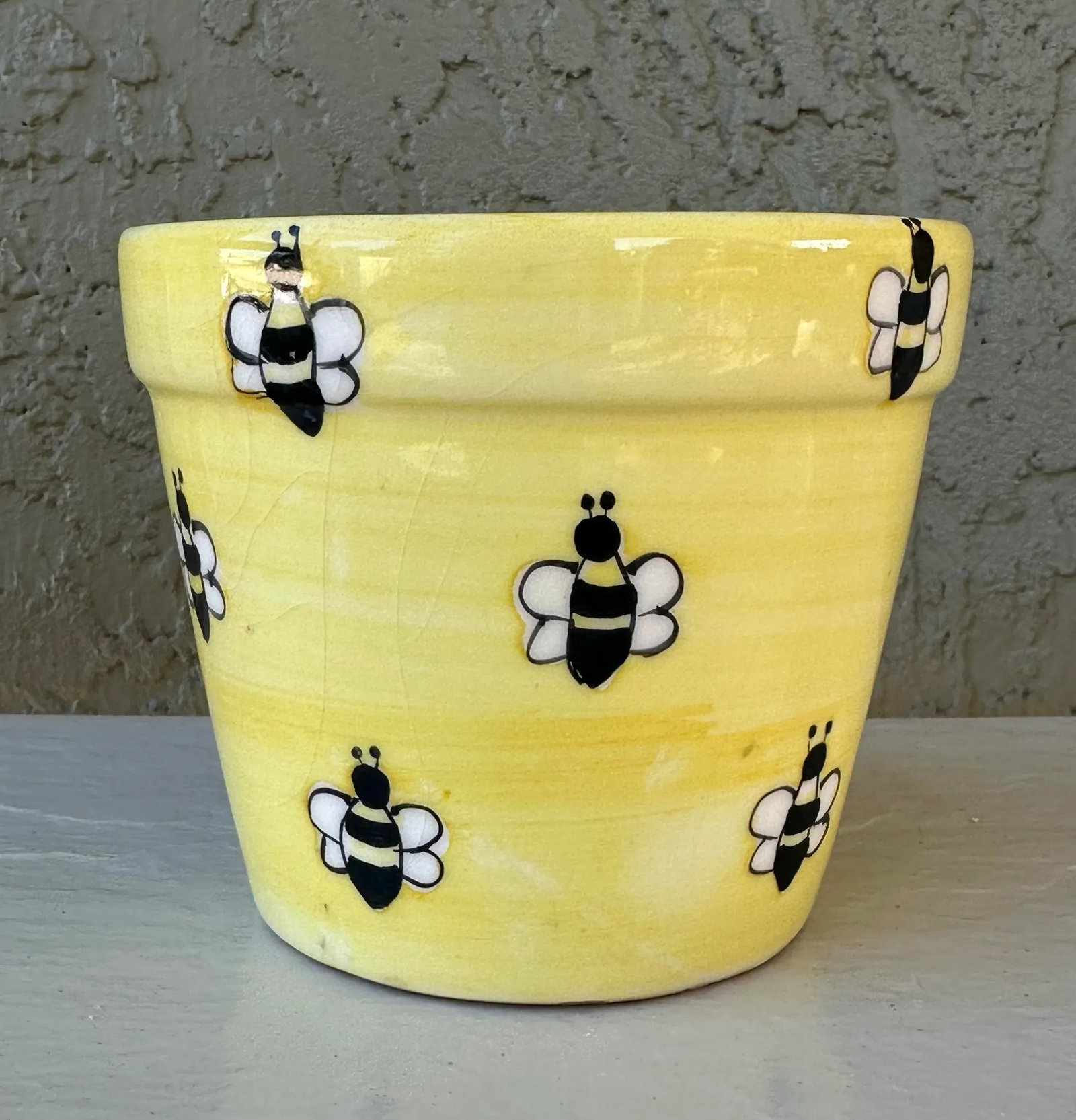 Vintage Mid 20th Century Yellow Hand Painted Bees Ceramic Flower Pot - 2