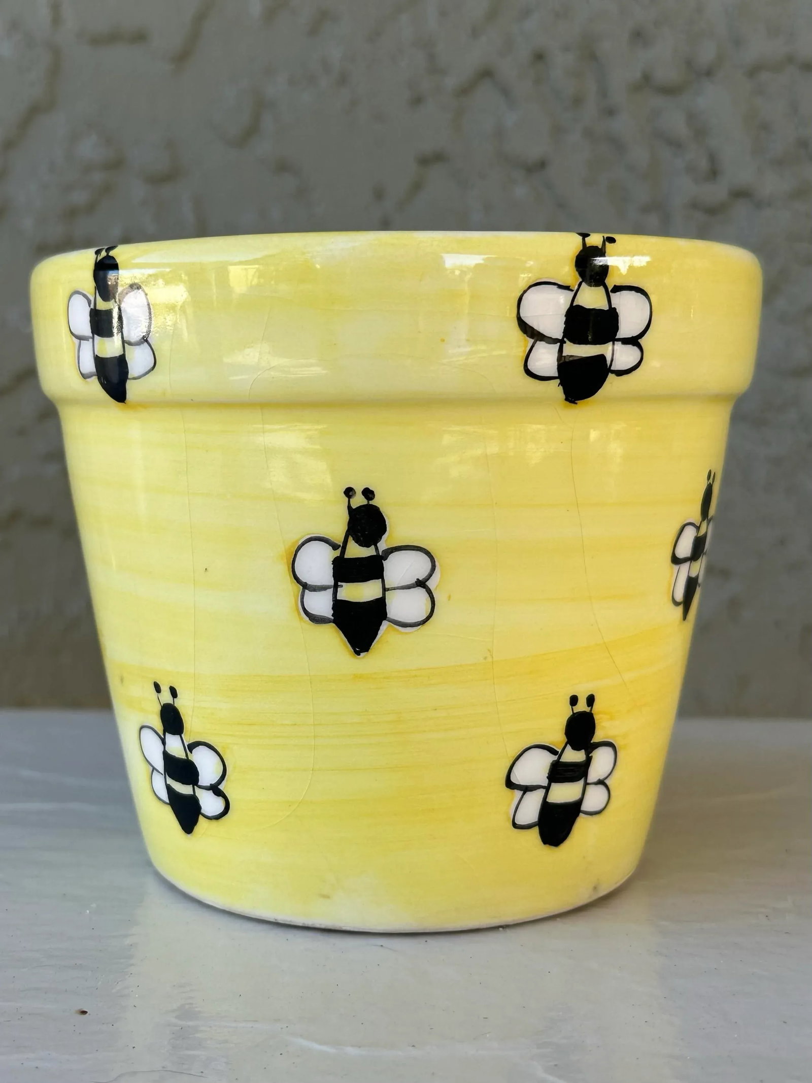 Vintage Mid 20th Century Yellow Hand Painted Bees Ceramic Flower Pot - 3