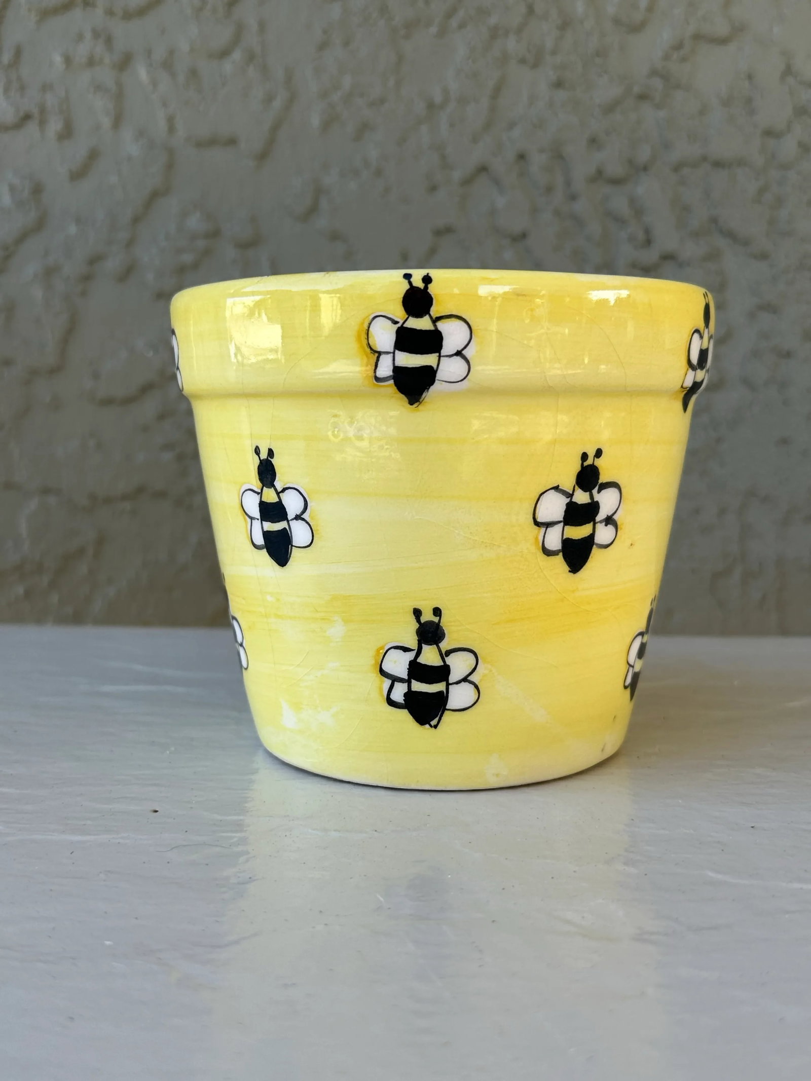 Vintage Mid 20th Century Yellow Hand Painted Bees Ceramic Flower Pot - 5