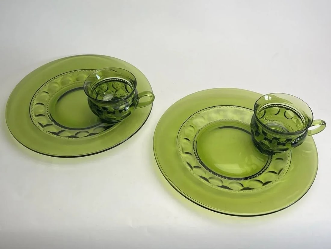 Vintage Indiana Glass Snacker Green Cups & Plates Kings Crown- 4 Pieces - 4