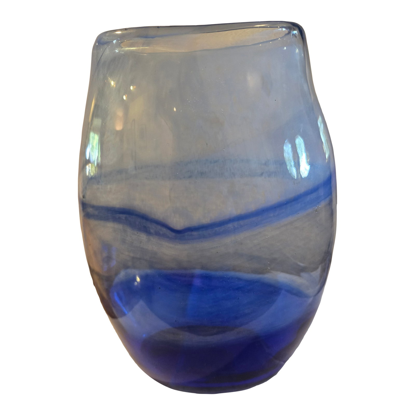 Late 20th Century Ombre Blue Glass Vase: Beautiful ombre blue glass vase. Oval shape. Perfect for flowers or by itself. Condition: Alterations: Original Condition Unaltered Imperfections: Some Imperfections Condition Notes: Excellent