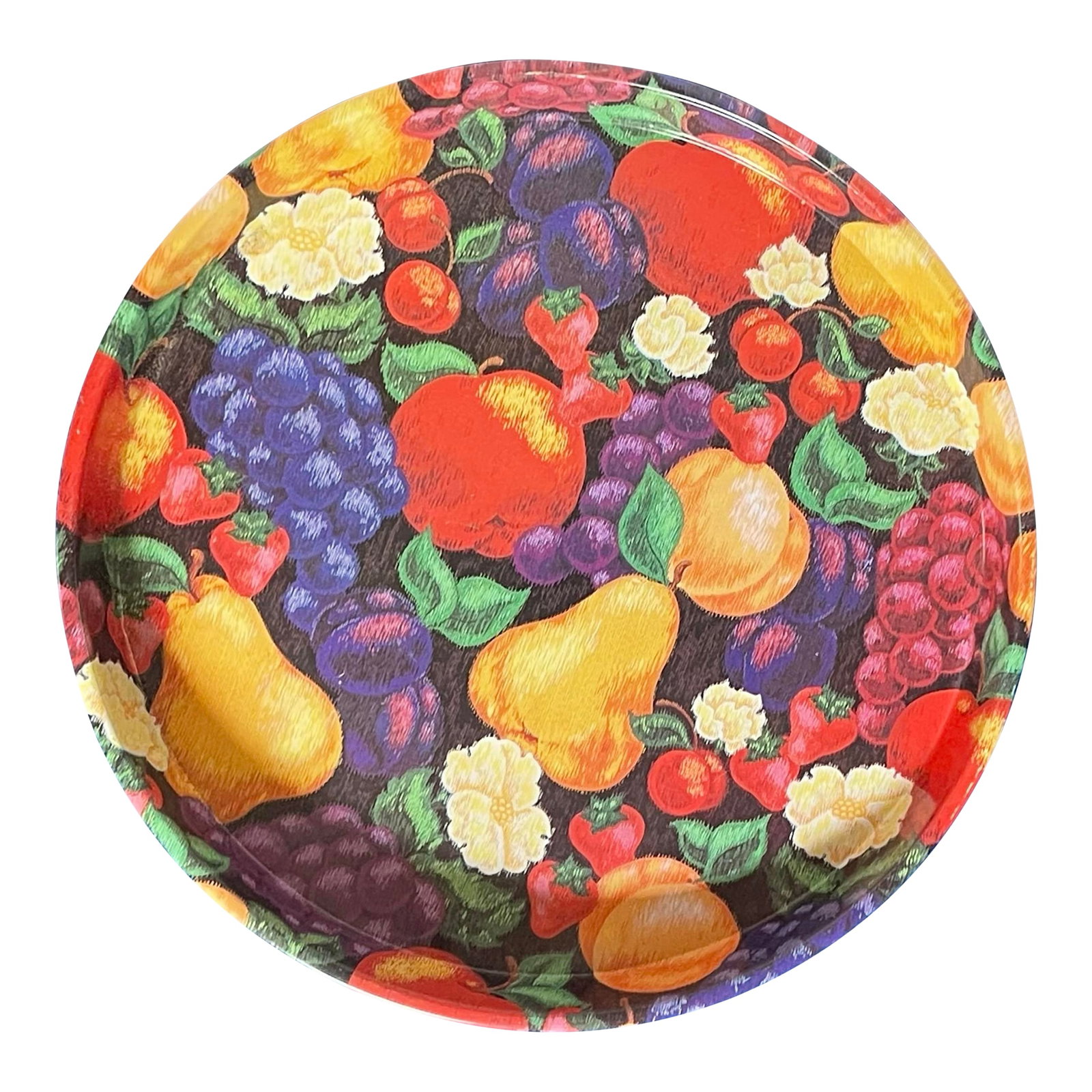 Vintage Fruit Chintz Metal Tray: A vibrant mid 20th century metal tray which features a variety of fruits such as grapes, pears, apples and peaches. Ships within 1-2 days using USPS. All items packed with care. Please contact us with