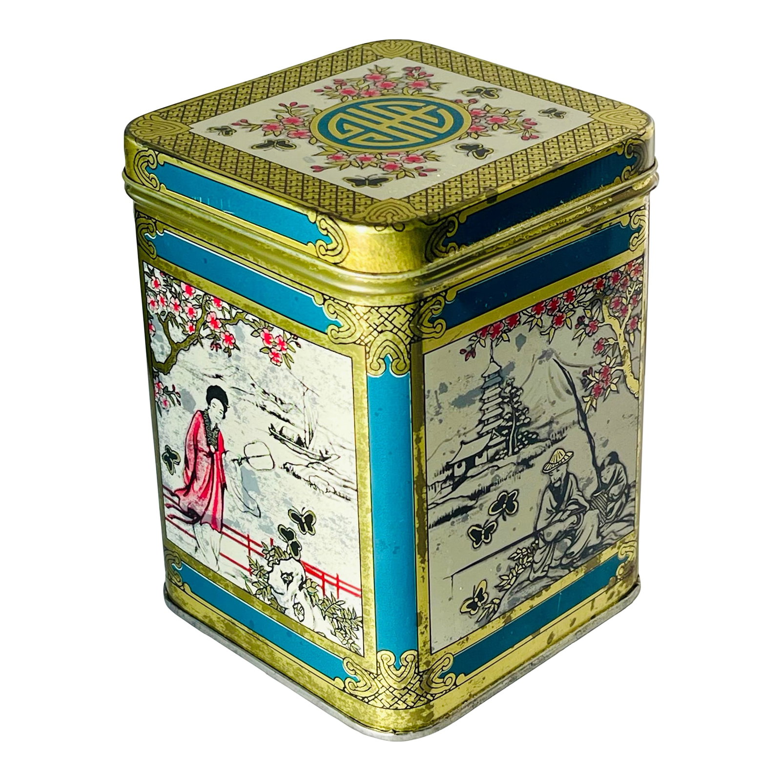 Early 20th Century Asian Garden Scene Tin Box: A square tin with a blue and gold border decorated with black and white outdoor scenes accented with pops of pink. Ships within 1-2 days using USPS. All items packed with care. Please contact us with