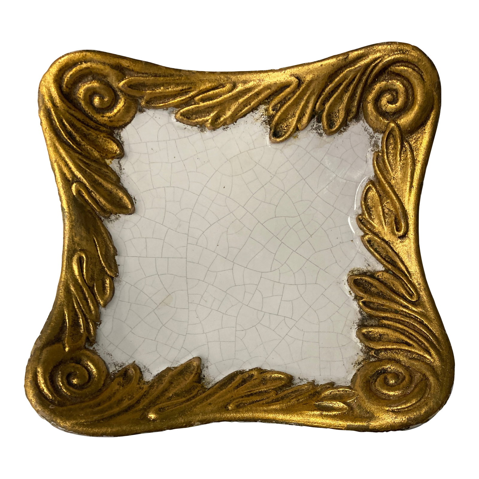 Vintage Italian Gold Gilt Square Dish With Crackle Glaze: This vintage square dish combines elegance and charm with its crackle-glazed ceramic center framed by an ornate gold gilt border. The scrolling leaf details and warm golden tones highlight its decorat