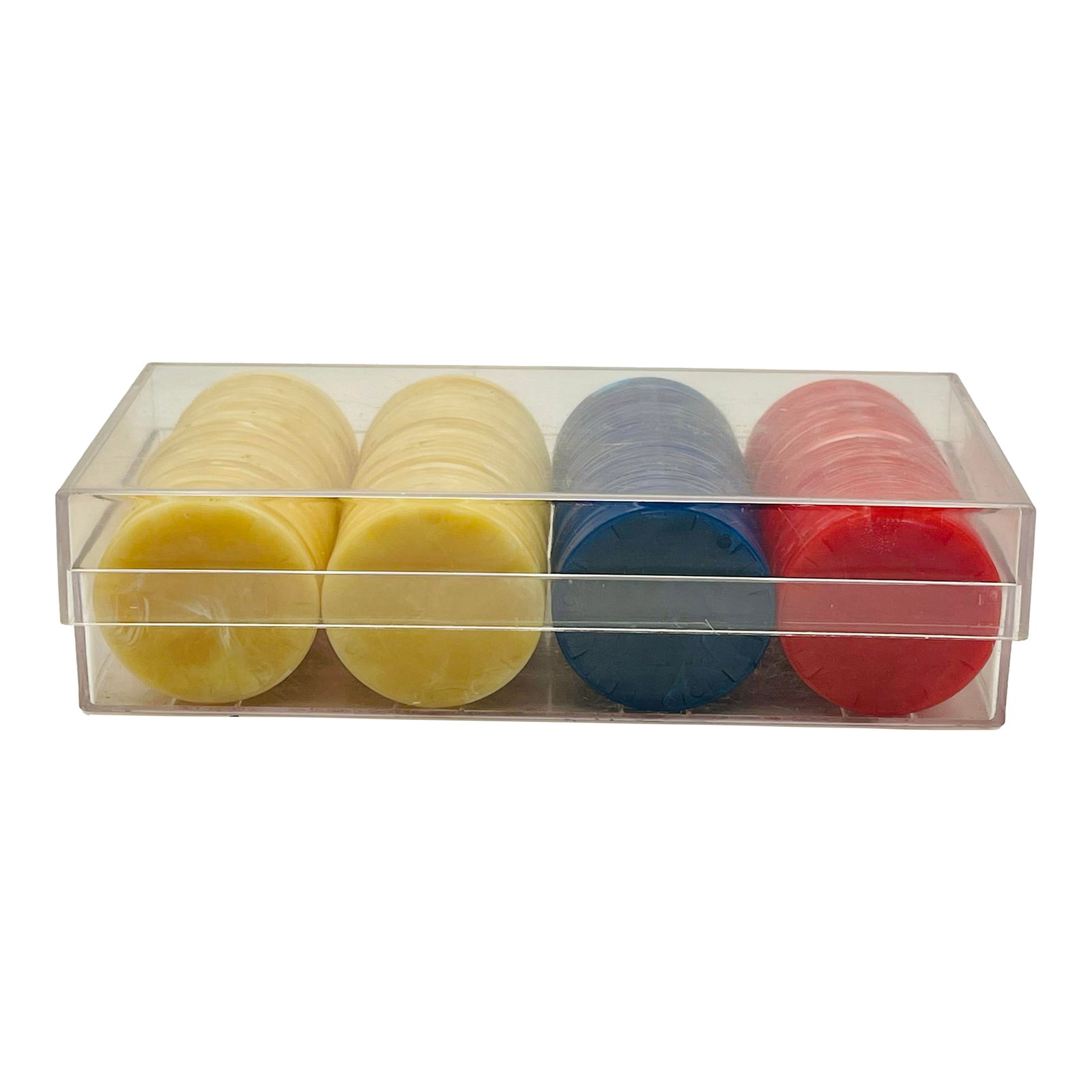 Vintage Marbleized Poker Chips With Clear Case: A set of 108 early plastic poker chips with a checkered edge with a smooth center and a swirly marble like effect. 56 Butterscotch Chips 26 Red Chips 26 Blue Chips Ships within 1-2 days using USPS.