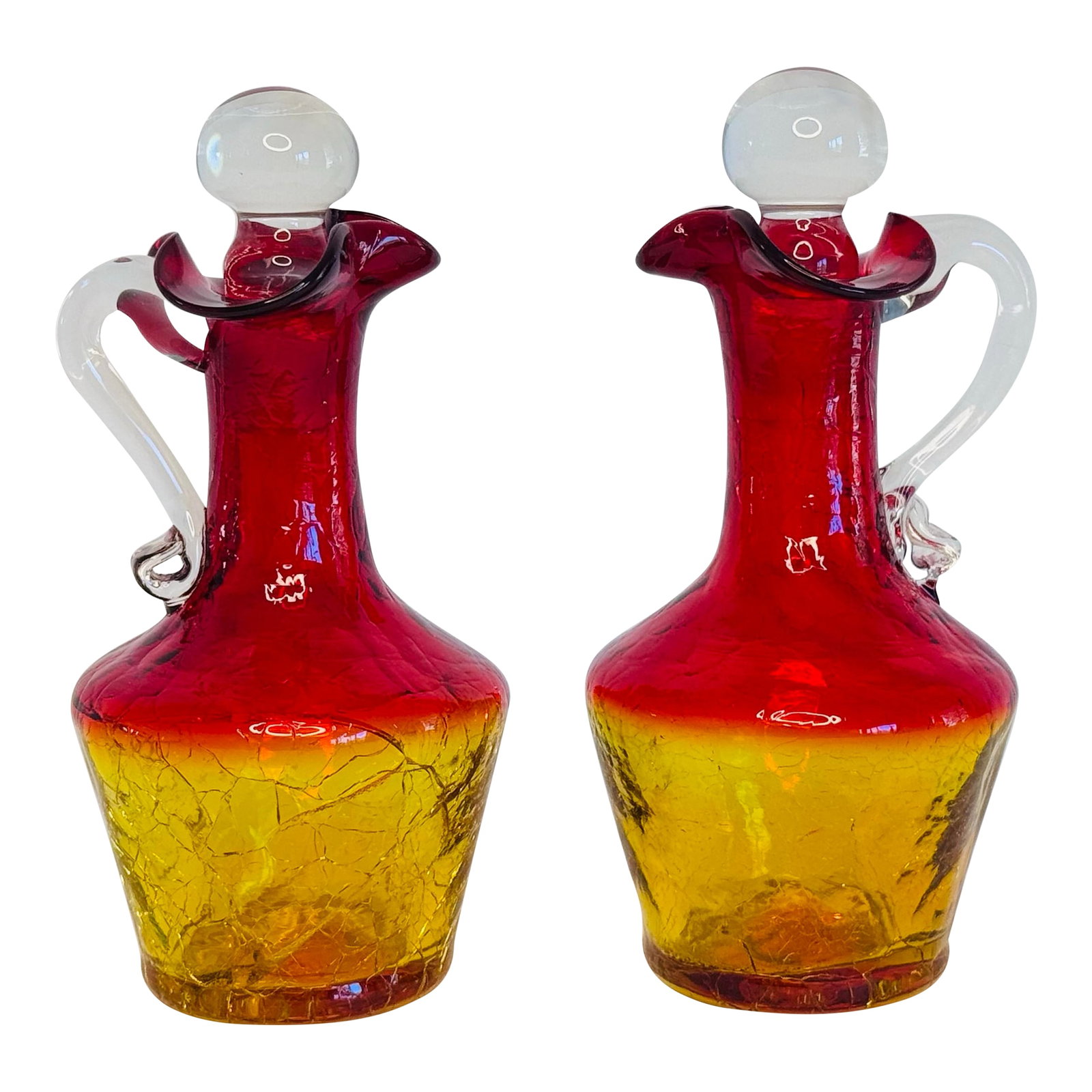Vintage 1960s Kanawha Amberina Crackle Glass Cruets, a Pair: Vintage 1960s Kanawha Amberina Crackle Glass Cruets Clear Handles/Stoppers, a Pair Excellent used condition. No chips, cracks or stains. Beautiful condition!! Condition: Alterations: Original