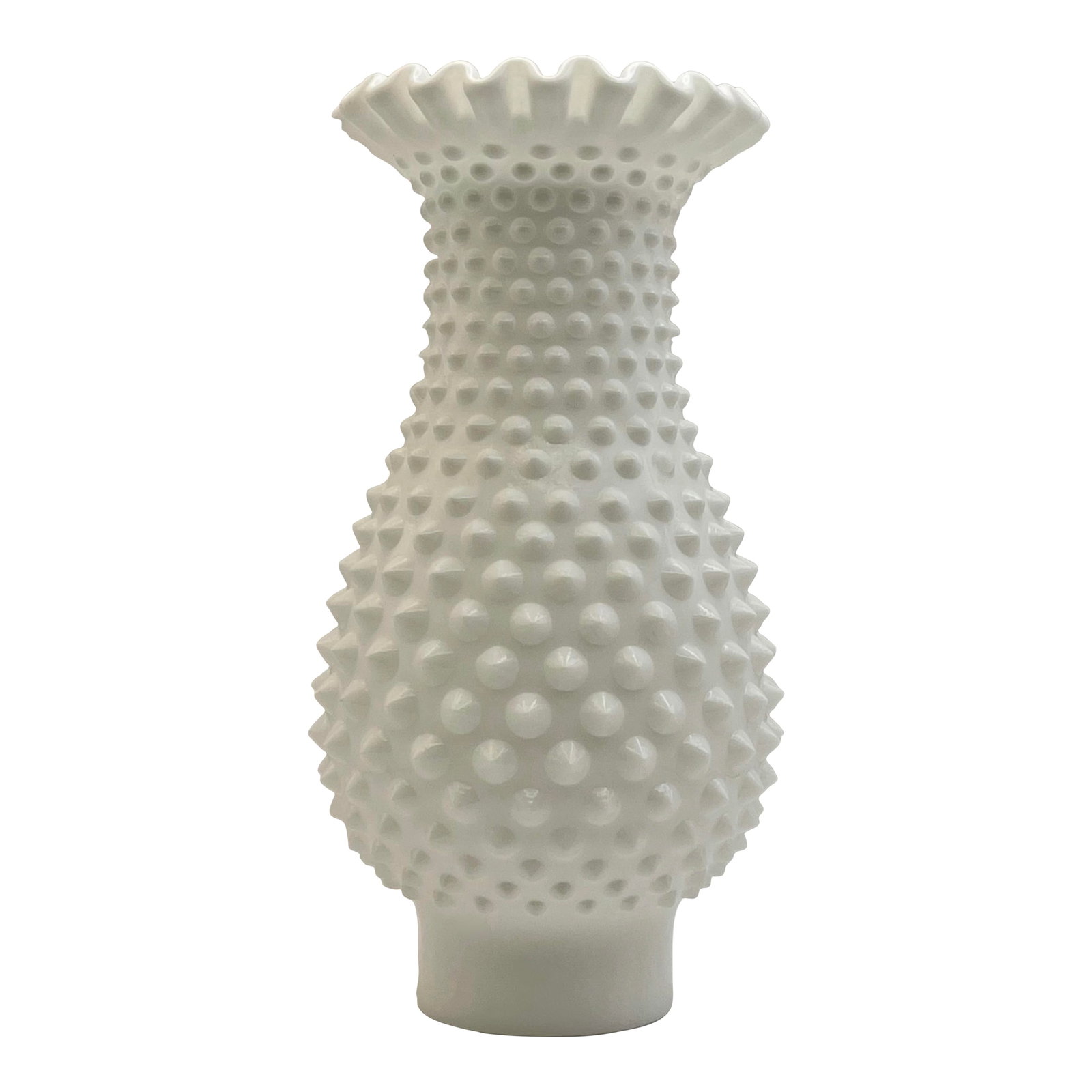 Fenton Hobnail Milk Glass Hurricane Lamp Shade: A milk glass lamp in an hourglass shape with a ruffled top made by the Fenton Glass Company. Ships within 1-2 days using USPS. All items packed with care. Please contact us with any questions. Arrives