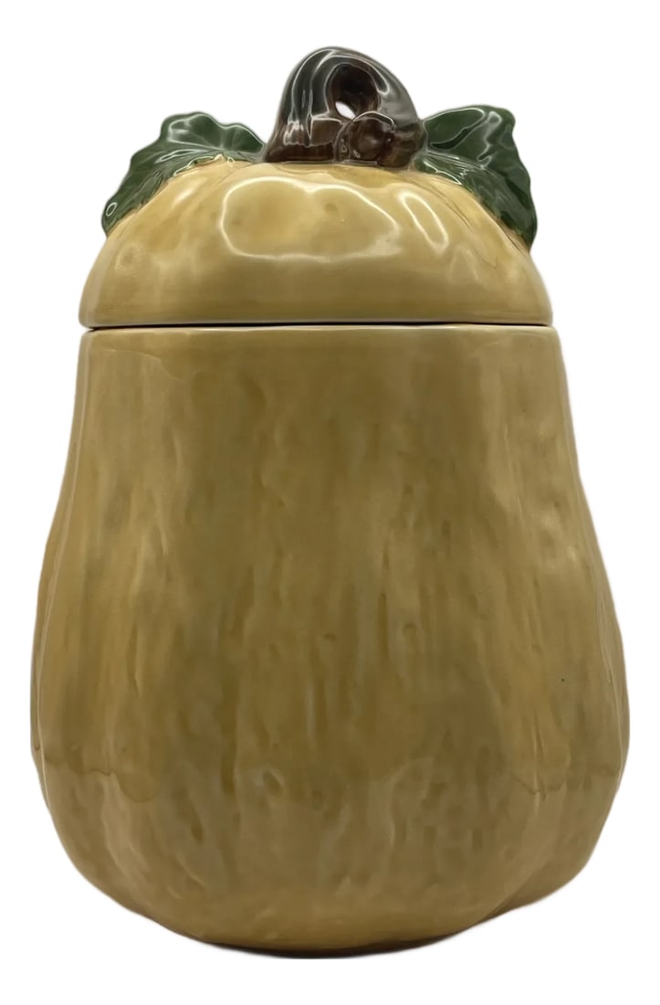 1990's Ceramic Yellow Squash Canister: A vintage textured tall squash lidded cookie jar with two leaves and stem. Ships within 1-2 days using USPS. All items packed with care. Please contact us with any questions. Arrives within 2-5