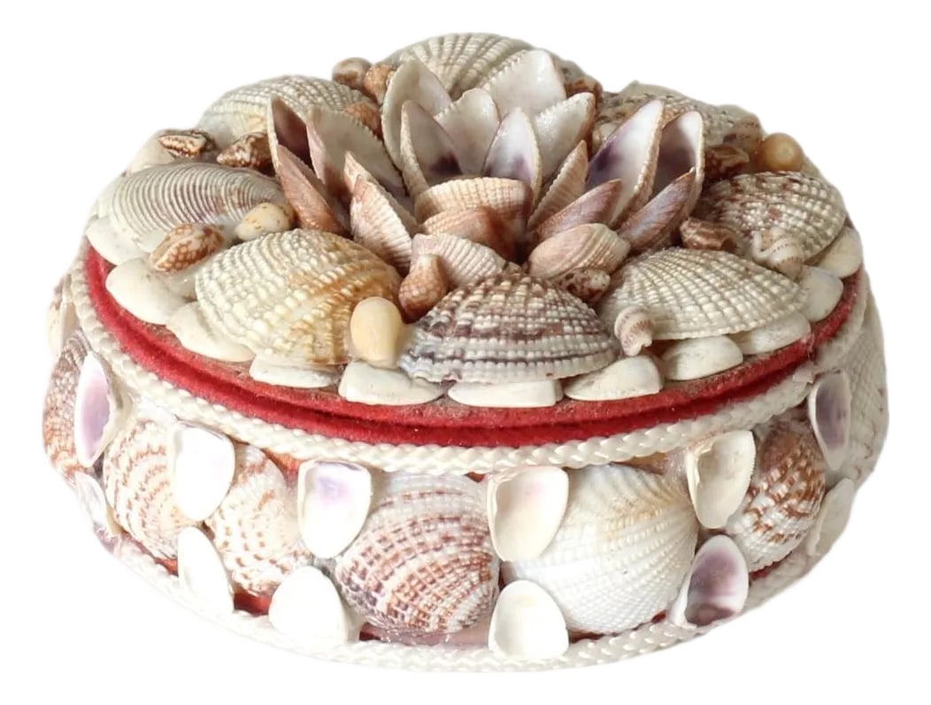 Mid 20th Century Midcentury Seashore Souvenir Trinket Box: This charming Midcentury shell-covered trinket box is beautifully adorned with an intricate arrangement of seashells. Featuring a red felt-lined interior, it is ideal for storing small treasures,