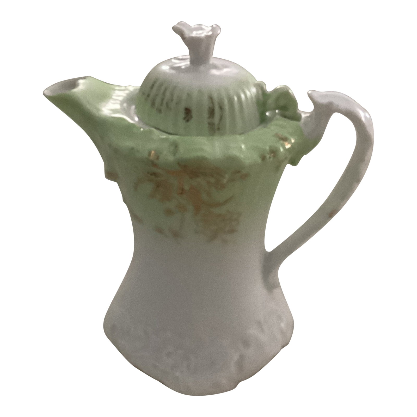 Vintage Find Porcelain Creamer: This beautiful creamer is a rare find in this condition and this color. It has a pale green color with gold accents, indicative of styles like Art Nouveau or Lusterware Condition: Alterations: