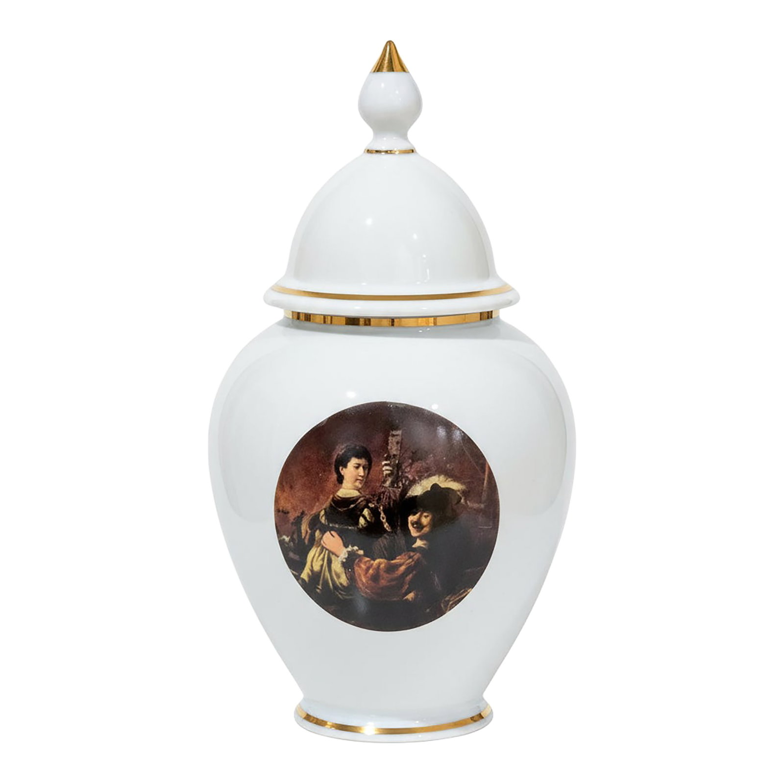 1980s Kuba Porcelain Jar, Bavaria-Hand Decorated, Gold Trim, Classical Scene: Beautiful porcelain jar made by Kuba, Bavaria, featuring gold trim and an elegant, classical painted scene. Kuba porcelain, established in 1930 in Karlsbad (now Karlovy Vary, Czech Republic), is