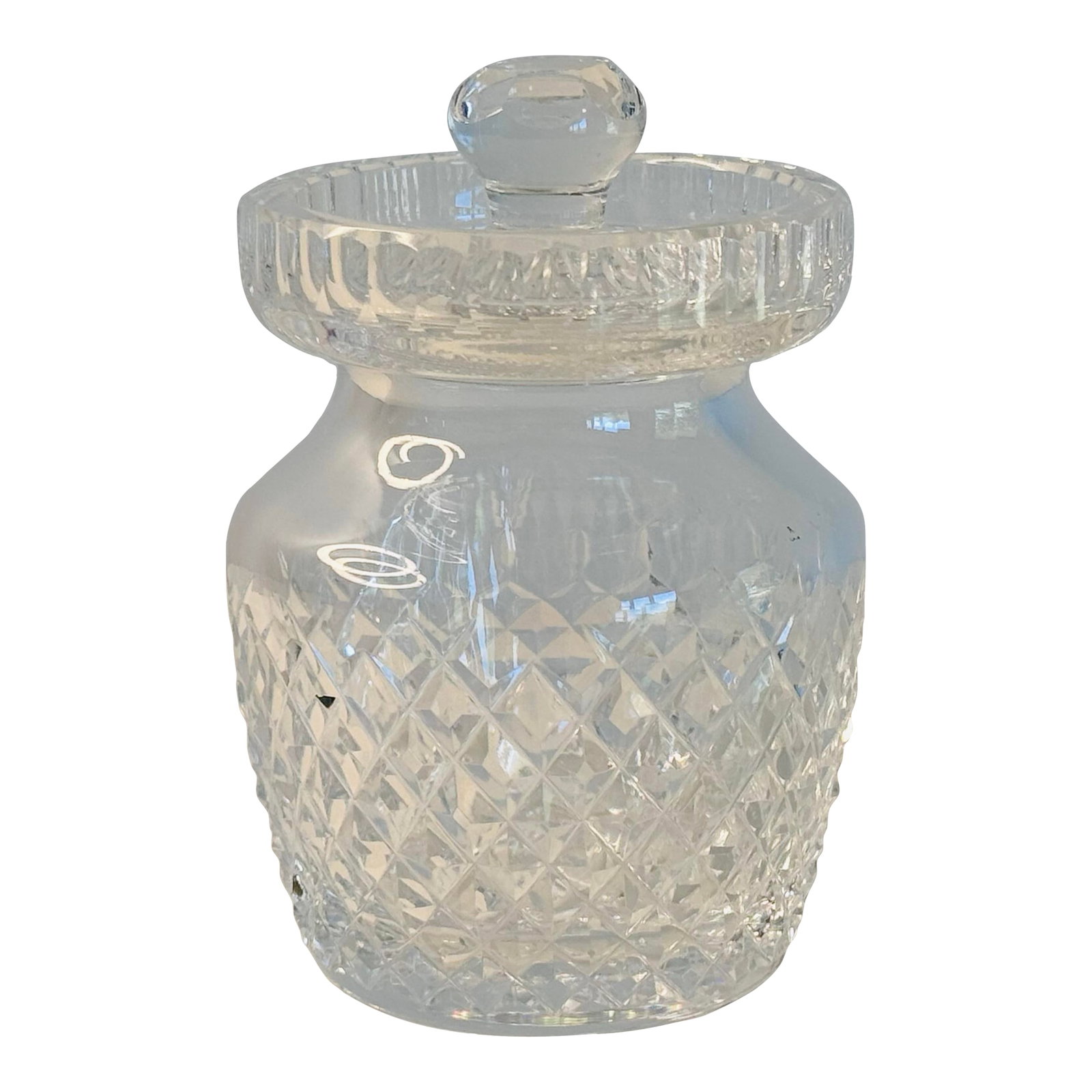 Vintage 1960s Waterford Crystal Alana Condiment Jar With Lid: Vintage 1960s Waterford Crystal Alana Jam/Jelly/Condiment Jar with Lid, Marked Underneath Excellent used condition. No chips, cracks or stains. Condition: Alterations: Original Condition Unaltered Imp