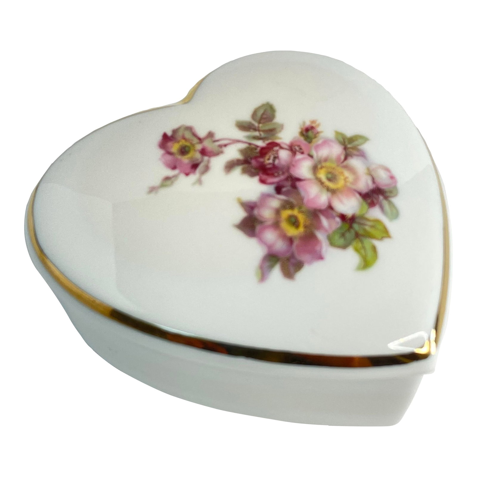 Vintage Gerold Porzellan Heart Shaped Trinket Box With Pink Flowers From West Germany: Vintage Gerold Porzellan Heart Shaped Trinket Box Pink Flowers West Germany. This charming porcelain box features a classic heart shape adorned with soft pink floral blooms and finished with a refined