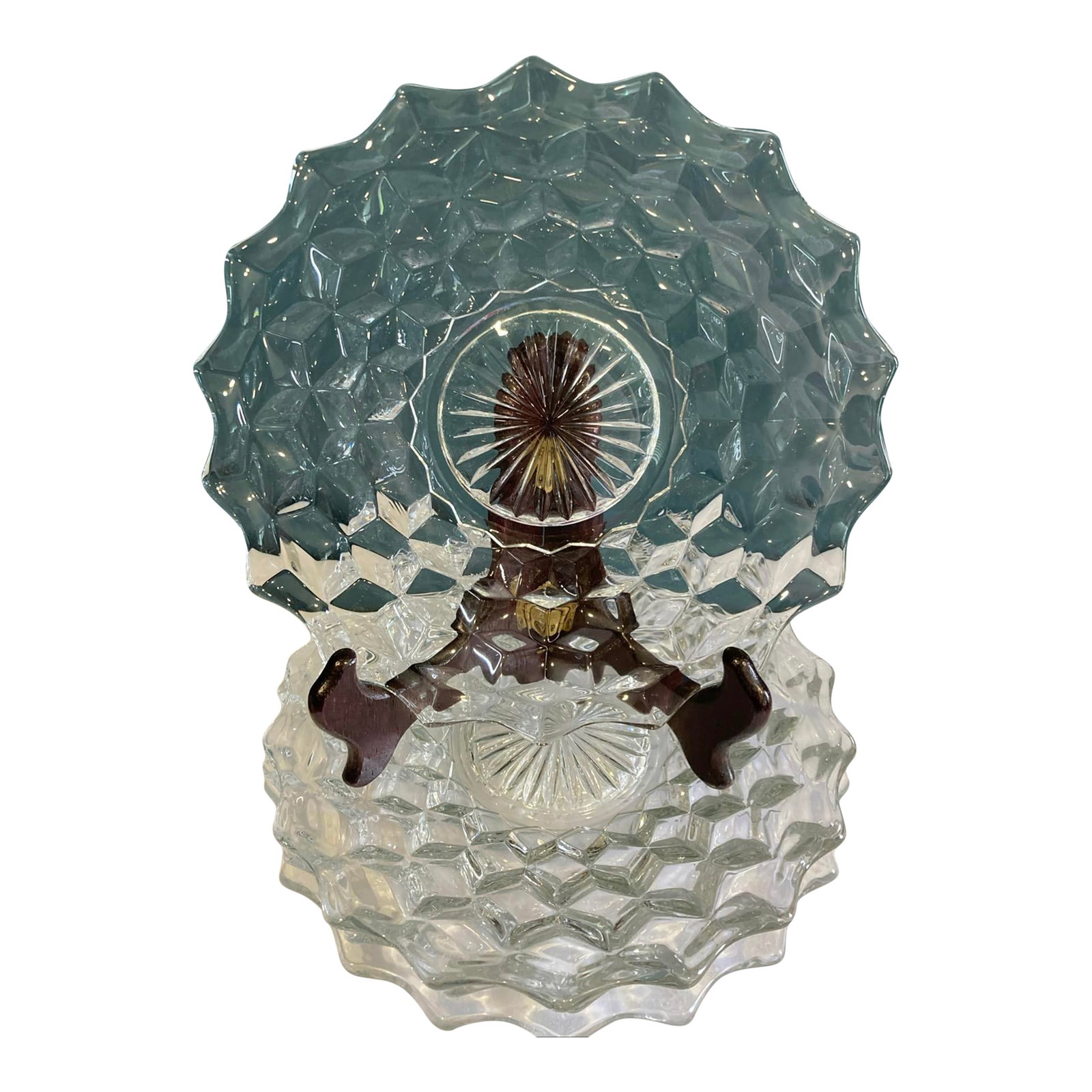 Vintage Fostoria Cubist Glass Plates- Set of 4: Add a refined touch to your table setting with this set of four vintage clear pressed glass plates. Featuring an intricate cubist pattern, scalloped edges, and radiant starburst centers, these