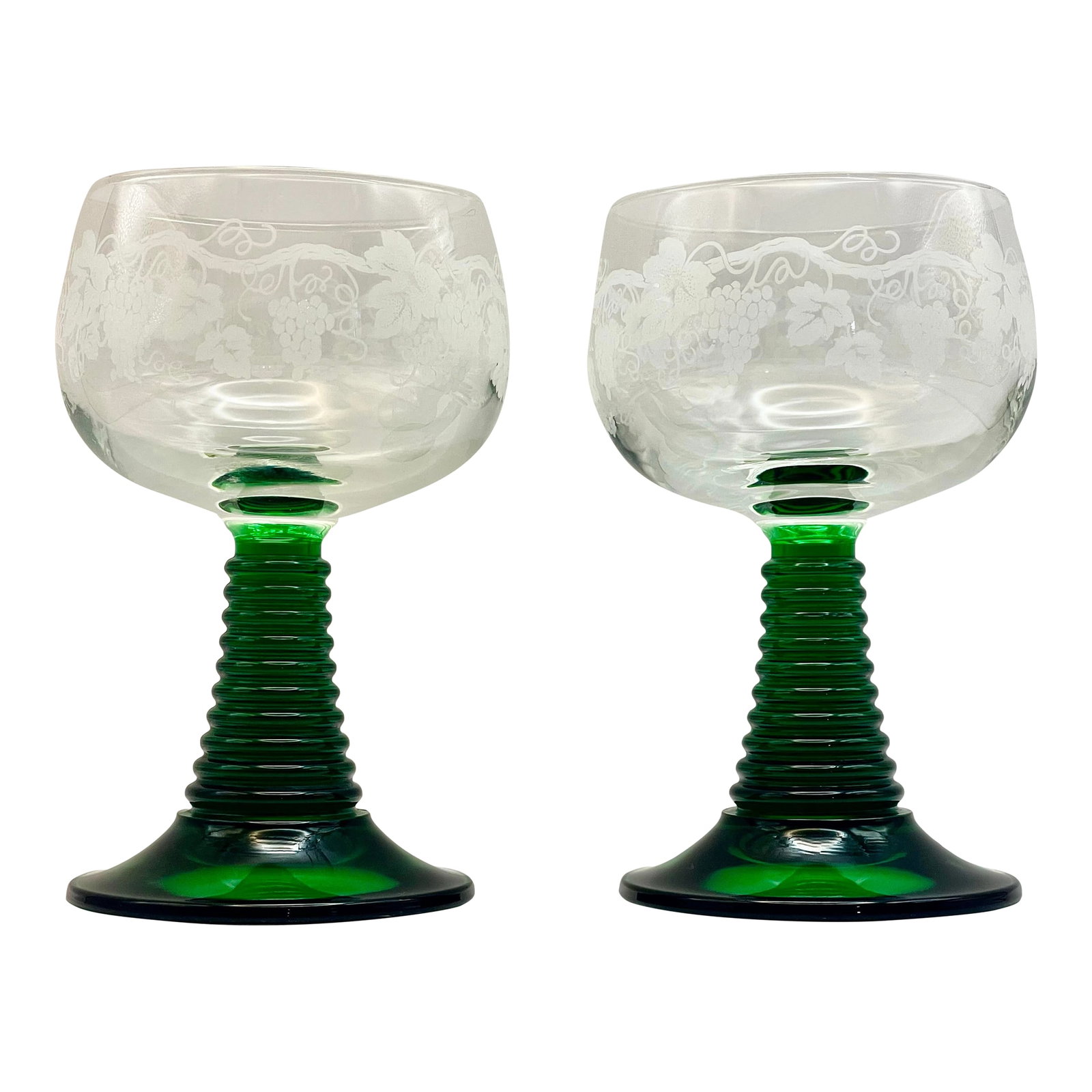 1950's Frosted Grapevine Roemer Glasses- A Pair: A pair of vintage tasting glasses which measures 0.1 liter of wine with a textured stem for ease of grip. Ships within 1-2 days using USPS. All items packed with care. Please contact us with any