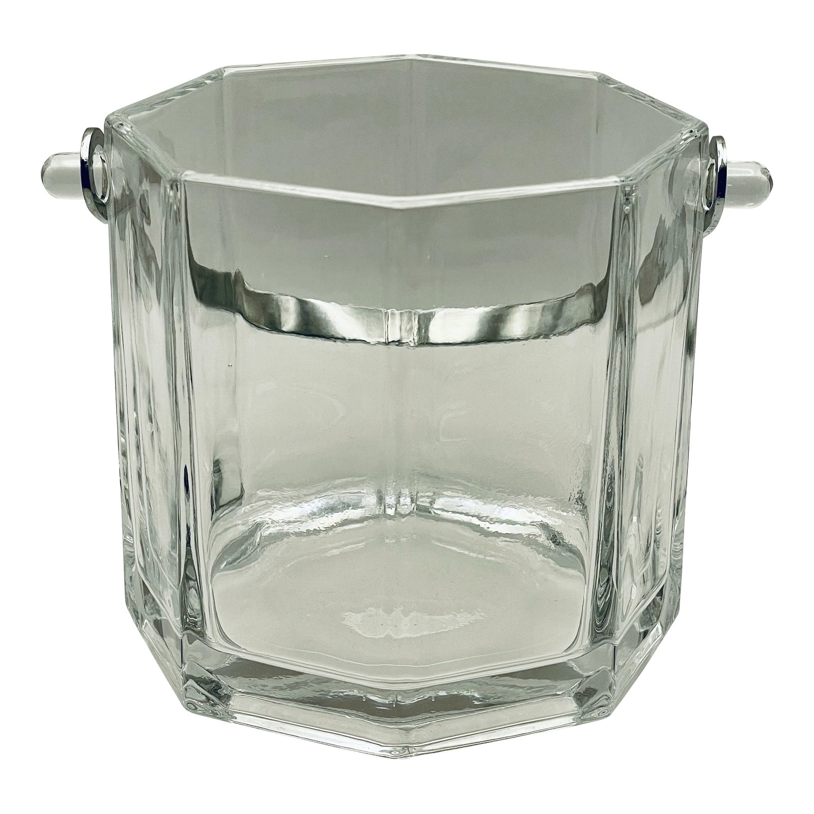 1960s French Crystal Ice Bucket: A wonderfully simple octagonal ice bucket with a chrome handle made of crystal clear glass. This piece is most likely made by Luminarc France although all pieces made by the company were not stamped a