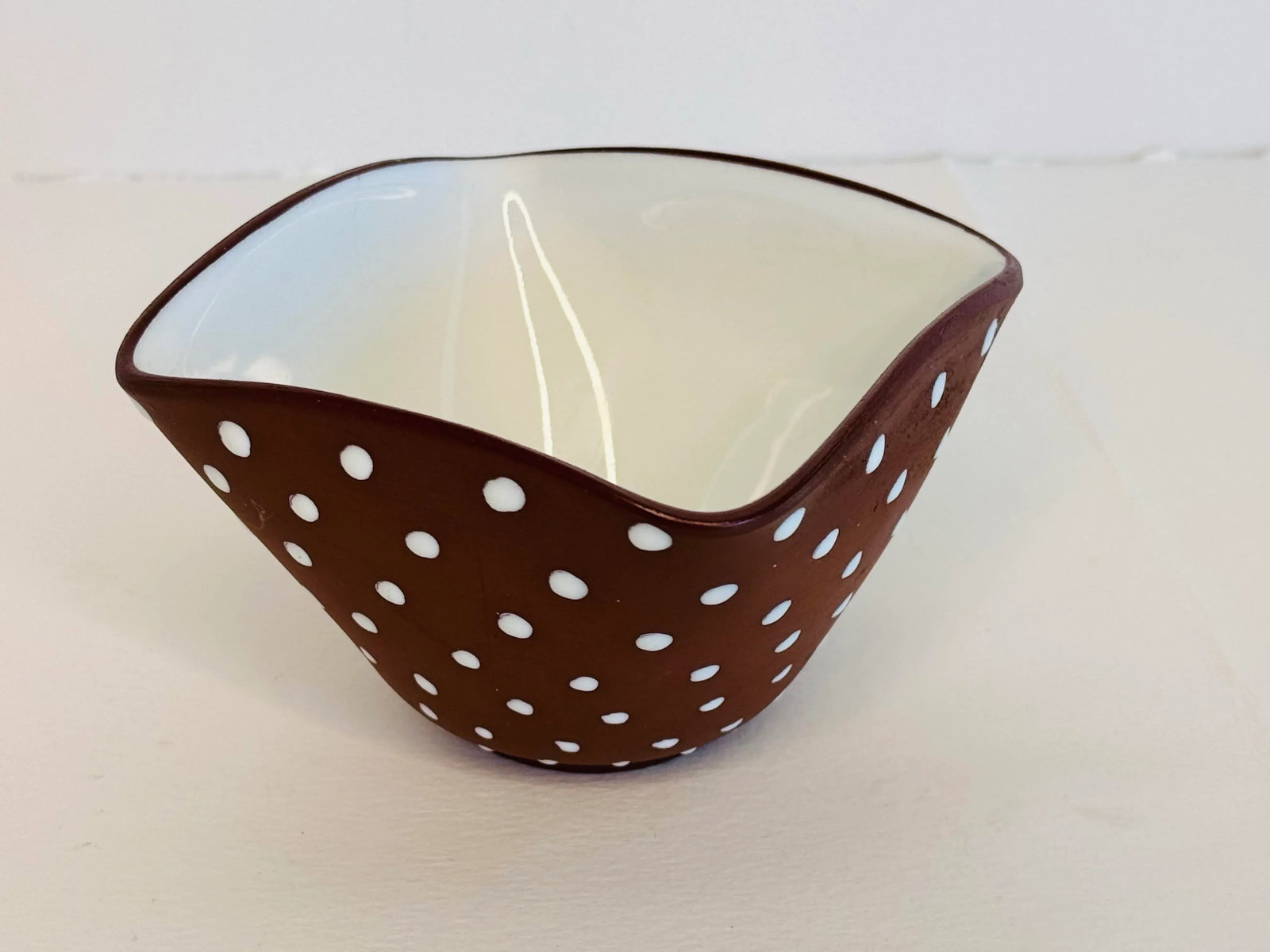 Vintage 1960s Graveren Norsk Brown Square Bowl With Raised White Polka Dots - 2