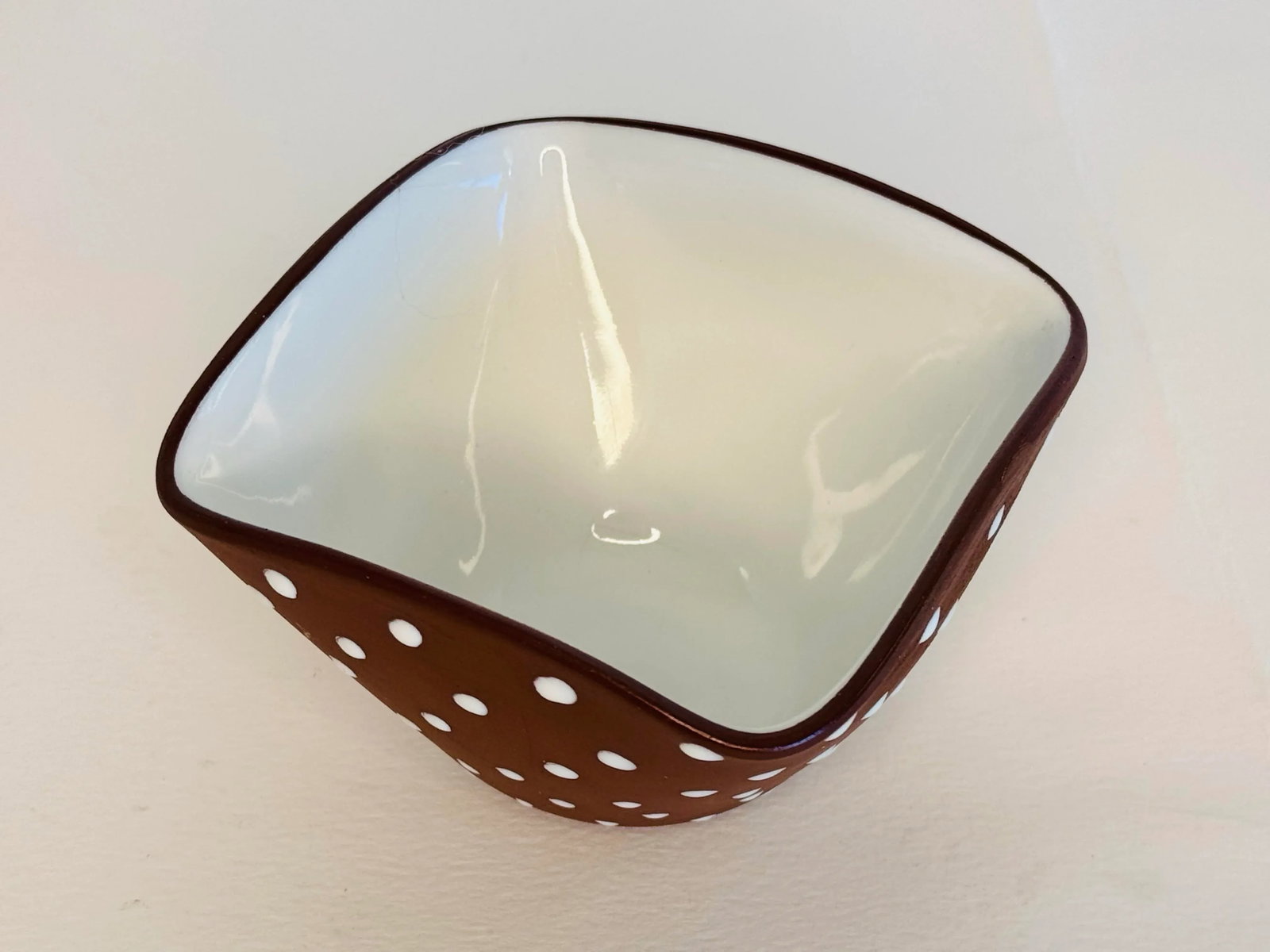 Vintage 1960s Graveren Norsk Brown Square Bowl With Raised White Polka Dots - 5