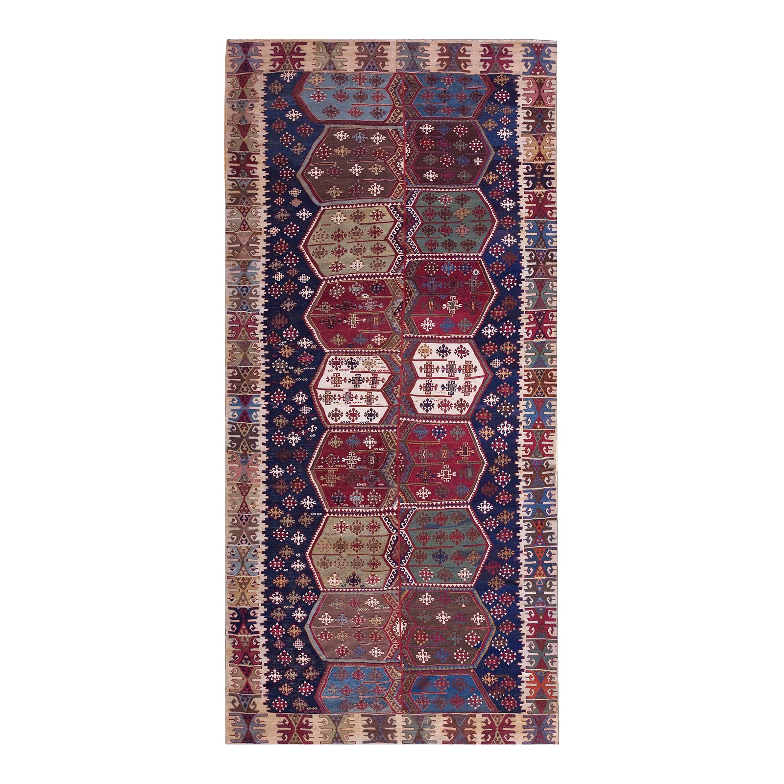 1850s Blue Geometric Tribal Antique Turkish Anatolian Flatweave 5' X 10'8" Kilim Wool Carpet Rug: Mid-19th Century Turkish Anatolian Flat-Weave ( 5' x 10'8" - 152 x 325 ) Antique Kilim Hallway Runner Wool Multicolor Rug, Country of Origin: Turkey, Circa Date: 1850s. This exceptional flat-woven tex