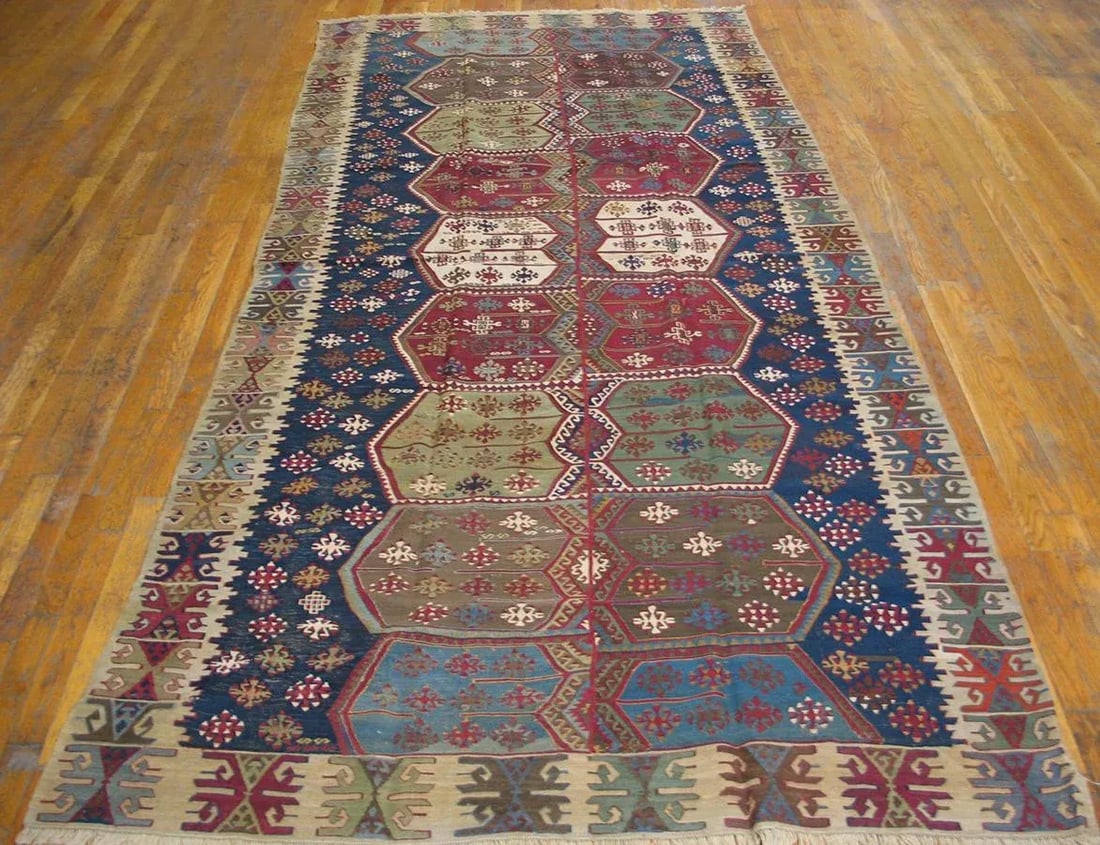 1850s Blue Geometric Tribal Antique Turkish Anatolian Flatweave 5' X 10'8" Kilim Wool Carpet Rug - 2