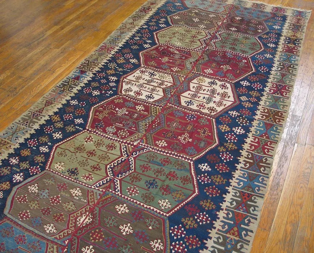 1850s Blue Geometric Tribal Antique Turkish Anatolian Flatweave 5' X 10'8" Kilim Wool Carpet Rug - 3