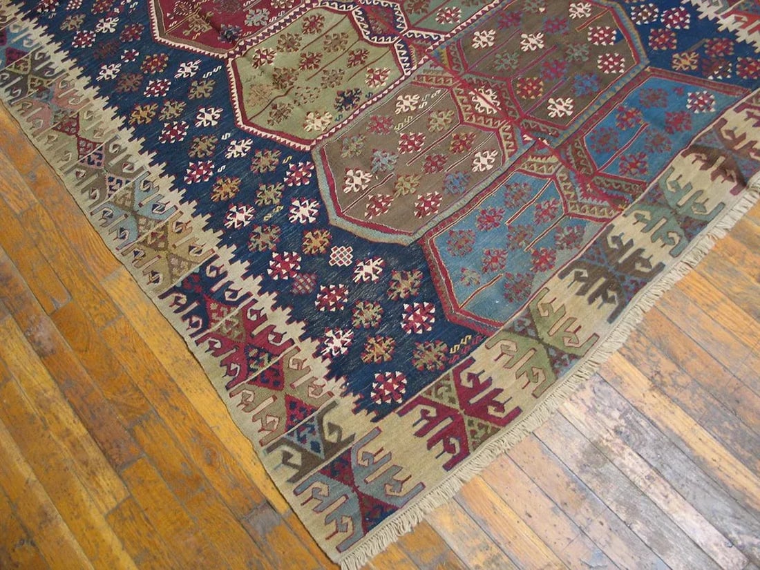 1850s Blue Geometric Tribal Antique Turkish Anatolian Flatweave 5' X 10'8" Kilim Wool Carpet Rug - 4