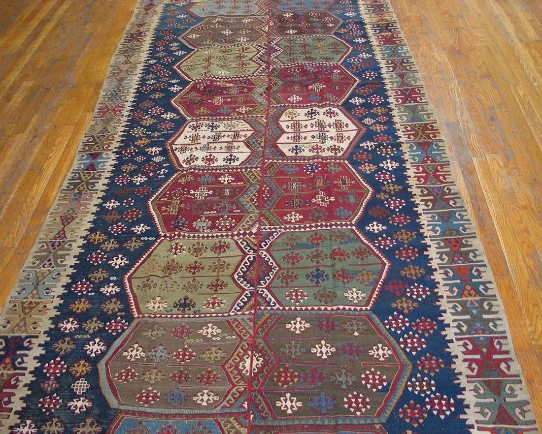 1850s Blue Geometric Tribal Antique Turkish Anatolian Flatweave 5' X 10'8" Kilim Wool Carpet Rug - 5